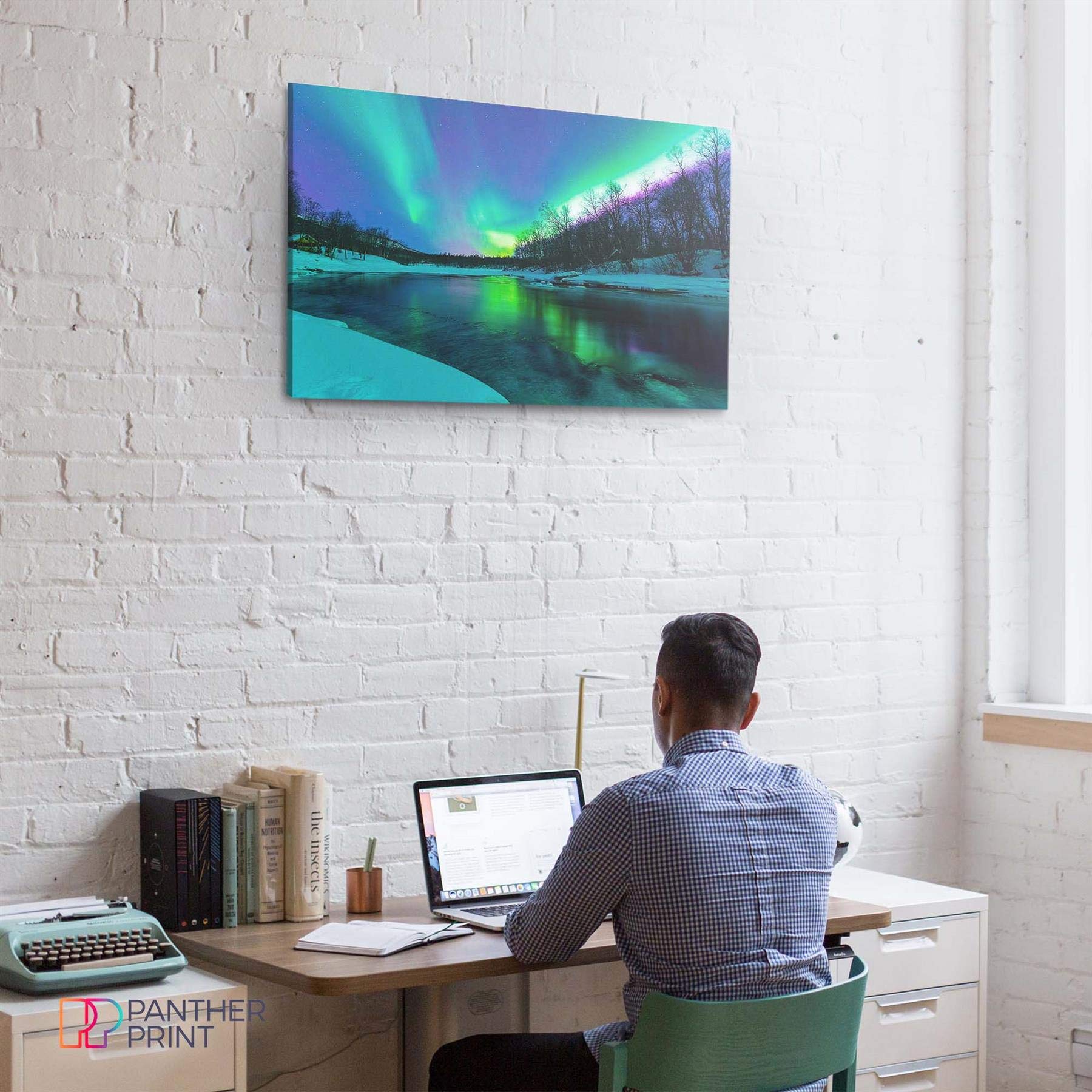 Panther Print, Canvas Wall Art, Winter River Northern Lights Aurora Borealis, Living Room, And Bedroom Framed Art, Quality Pictu