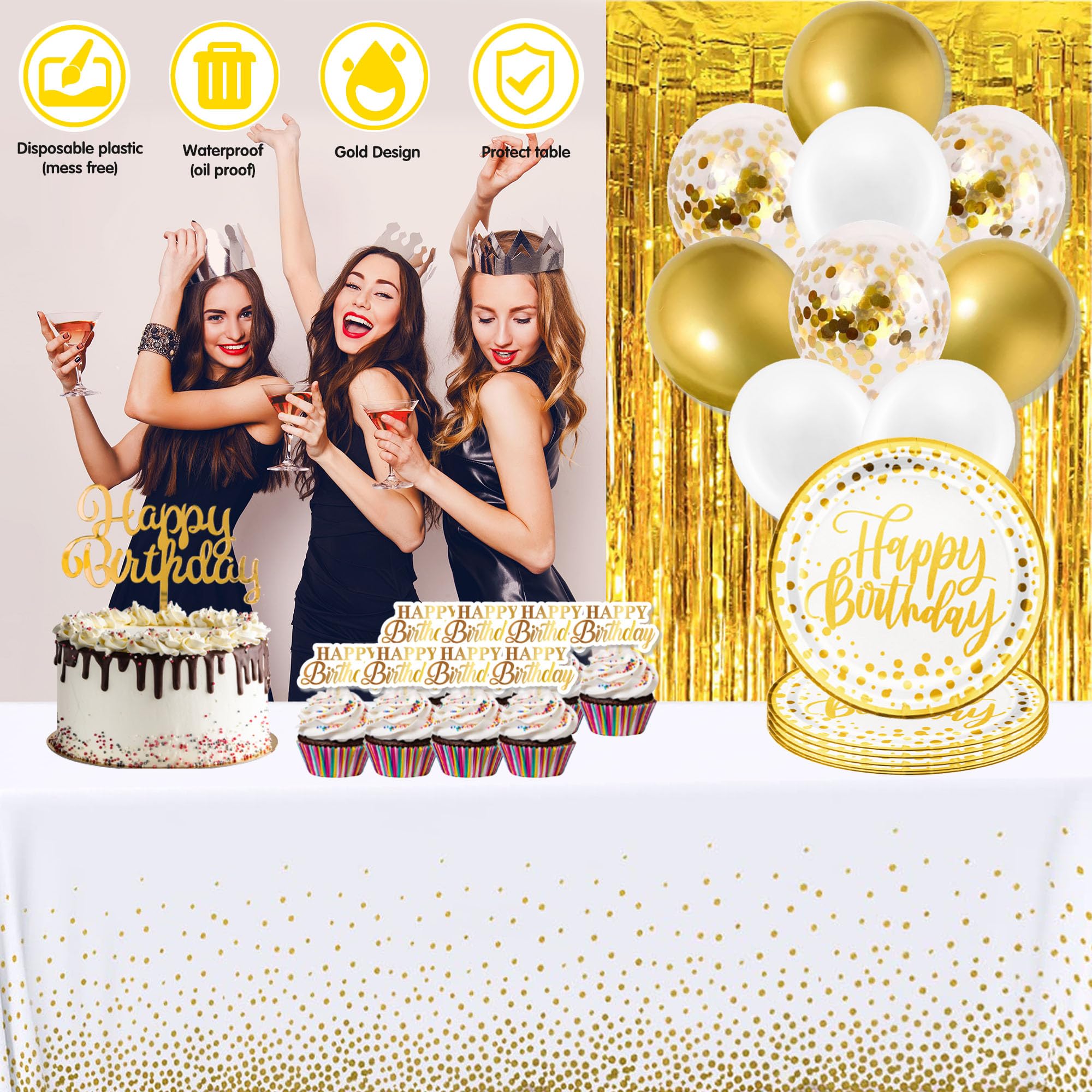 Gold Birthday Decorations For Women Men - (Total 89Pcs) Gold Party Banner, Pennant, Hanging Swirl, Foil Backdrops, Balloons, Gol