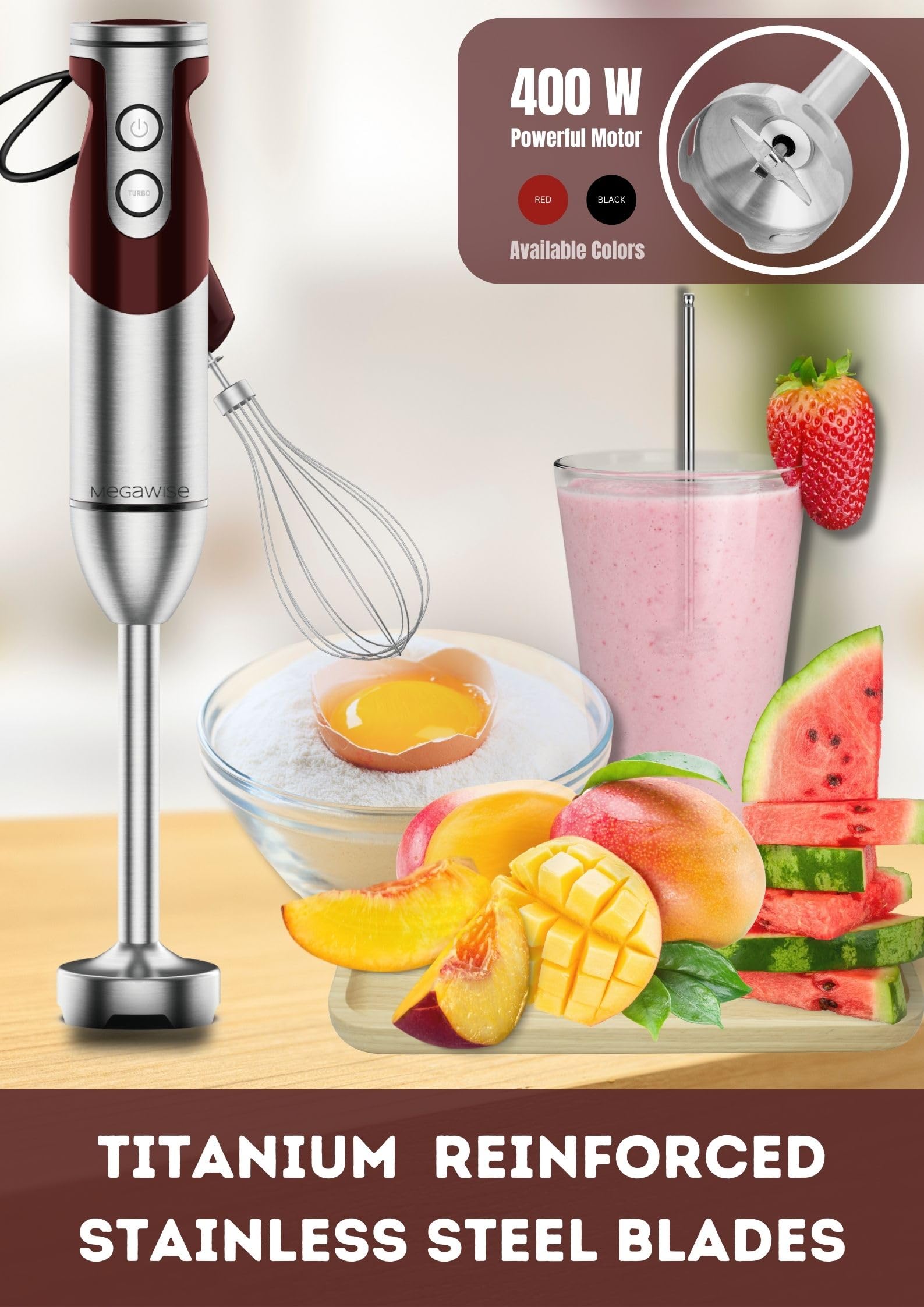 MegaWise Pro Titanium Reinforced 3-in-1 Immersion Hand Blender  Powerful MOTOR with 80% Sharper Blades  12-Speed Corded Blender  IncludingWhisk and Milk Frother (3-in 1 Red)