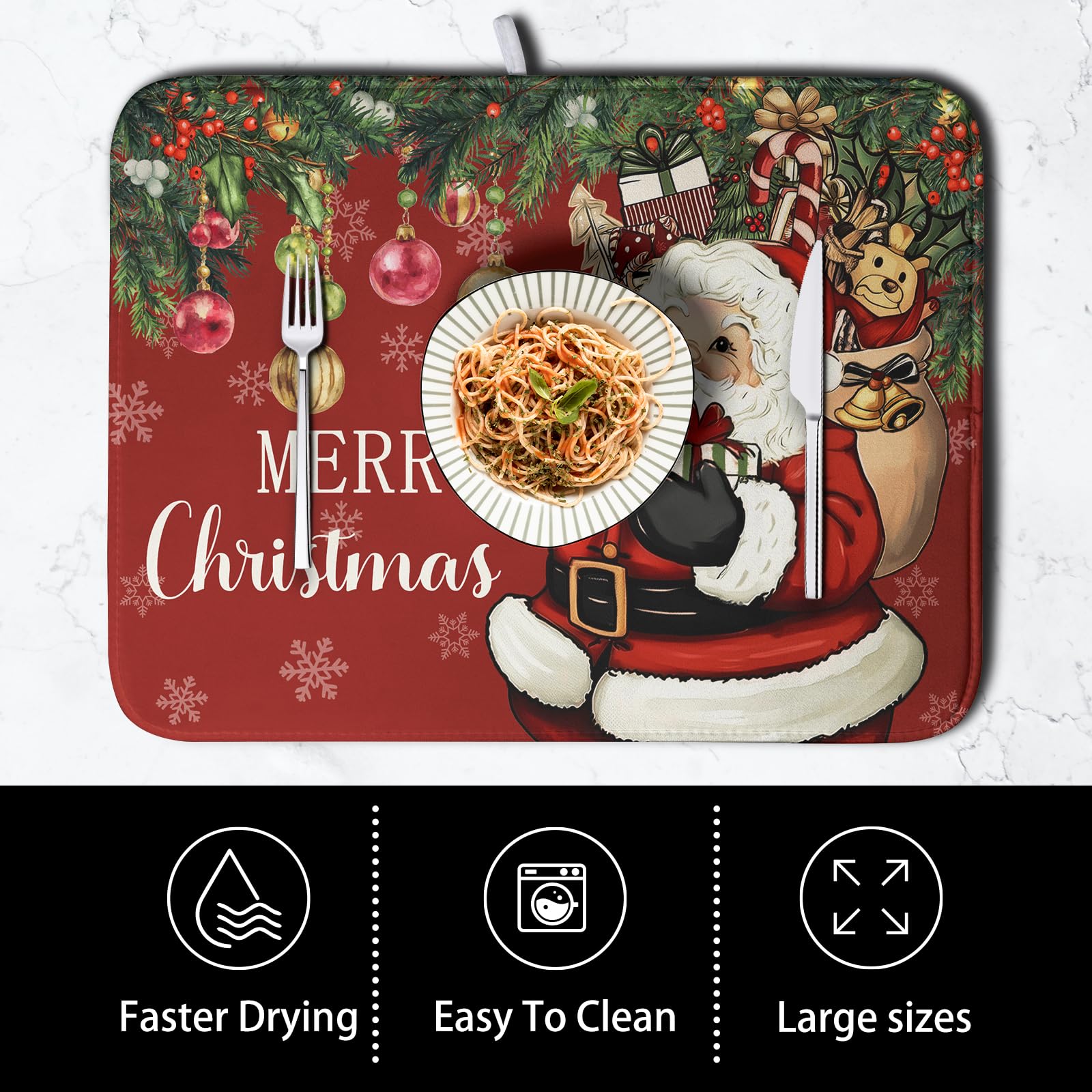 Kwlegh Merry Christmas Dish Drying Mat Santa Claus Kitchen Drainer Mats Microfiber Absorbent Winter Xmas Holiday Dishes Pad Reus