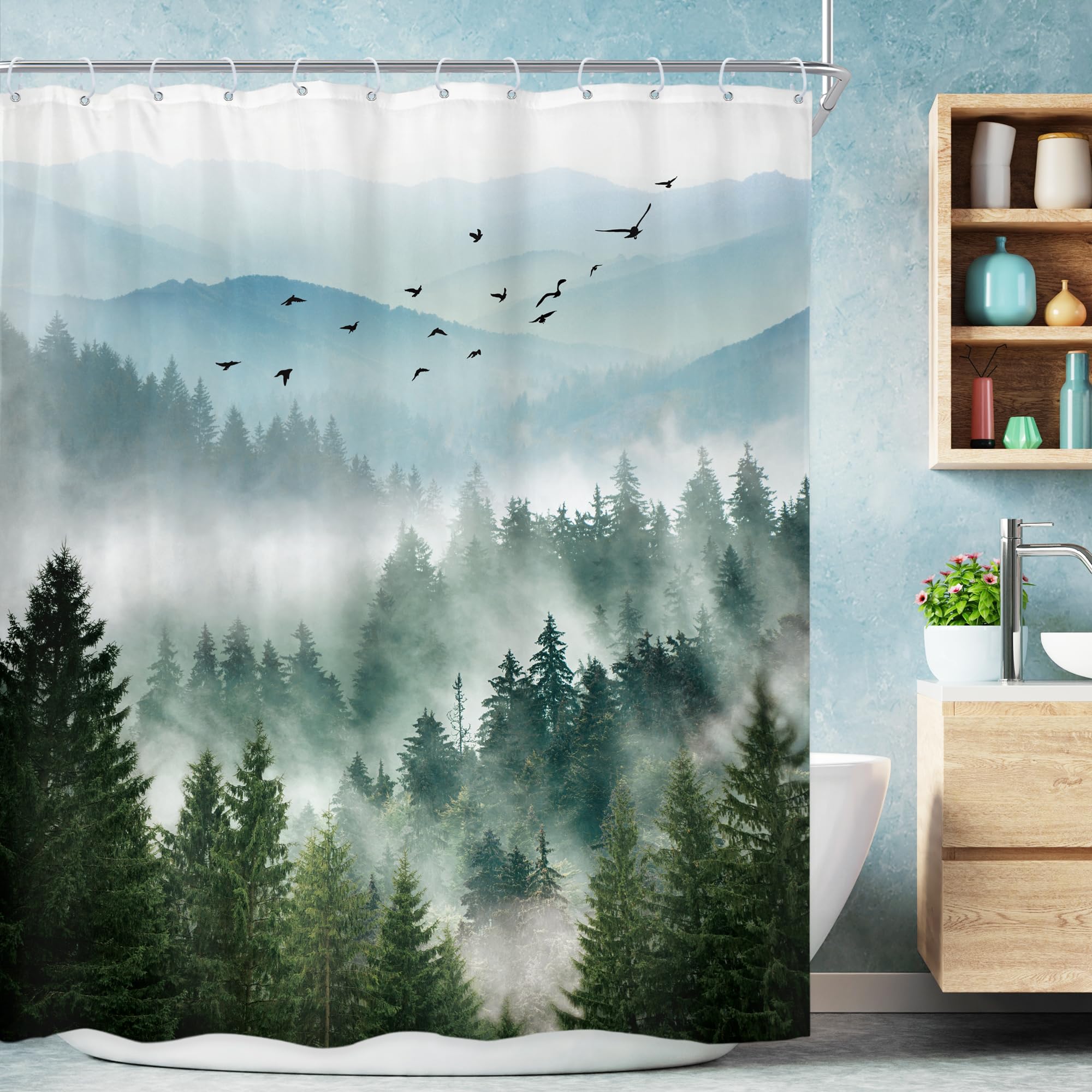 Riyidecor Green Mountain Shower Curtain 72Wx72H Inch Nature Scenery Foggy Pine Tree Scenic Woodland Greenery Landscape Mens Bath