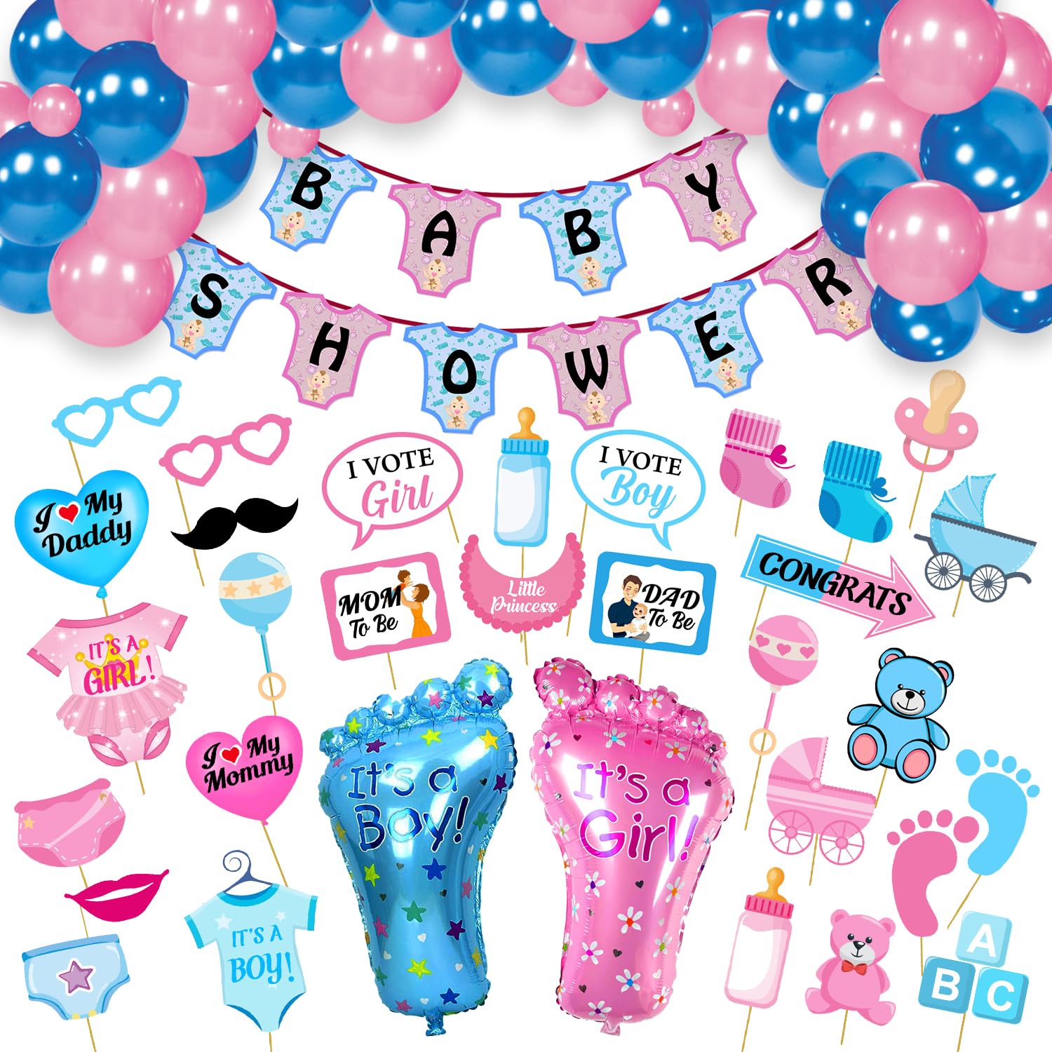 Zyozique Baby Shower Decorations Props, Included Baby Shower Letter TShirt Paper Banner , Photo Booth Props, Foil Balloons And B