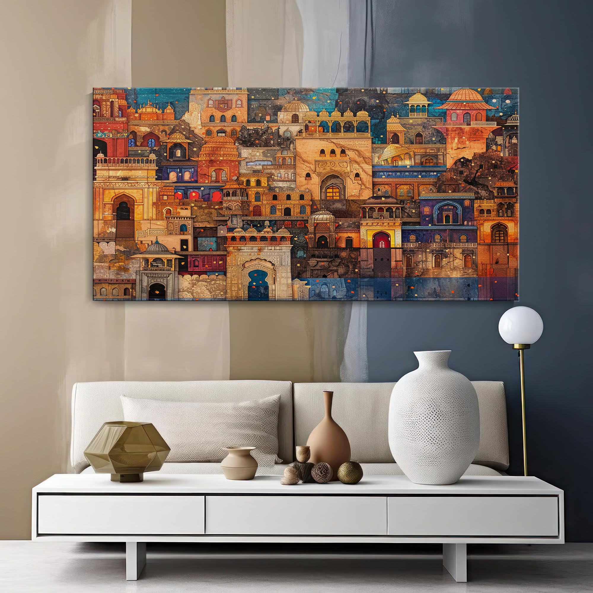 999Store Vibrant Indian Cityscape Canvas Painting - 24X48 Inches Framed Art, Cultural Wall Decor For Home (Flp24480715)