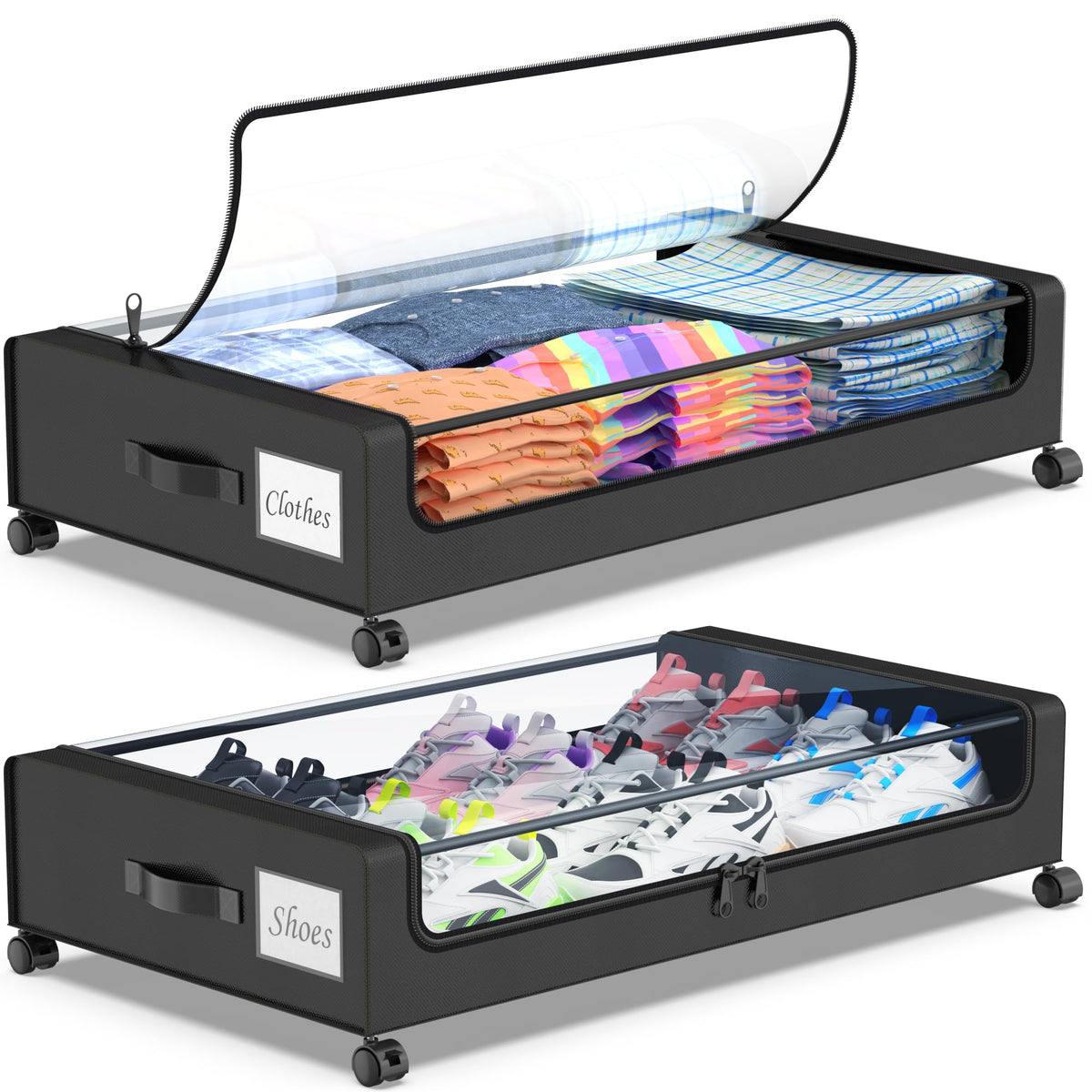 Beborxue Under Bed Storage with Wheels, 2-Pack Under Bed Storage Containers with Clear Lids, XXL 60L Under the bed storage Organ