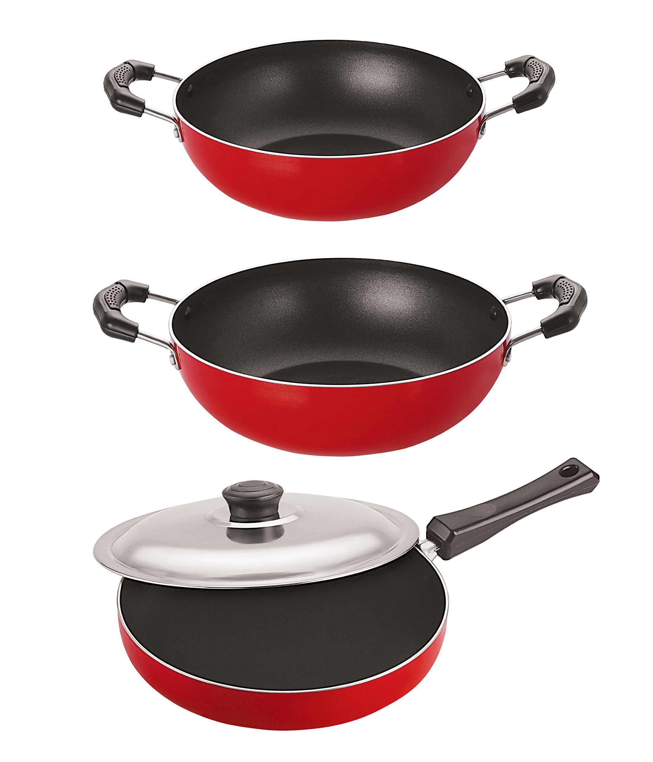 Nirlon 3 Piece Gas Stovetop Compatible NonStick Aluminium Kitchenware Combo Set With Steel Lid, 2.6Mm_Fp12_Kd10_Kd11