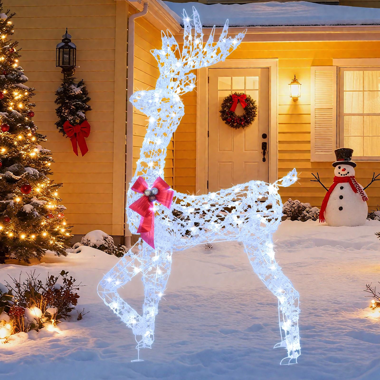 Tangkula 5 FT Lighted Christmas Reindeer, 3D Standing Lighted Buck Deer with LED Lights, Indoor/Outdoor Lighted Holiday Decor fo