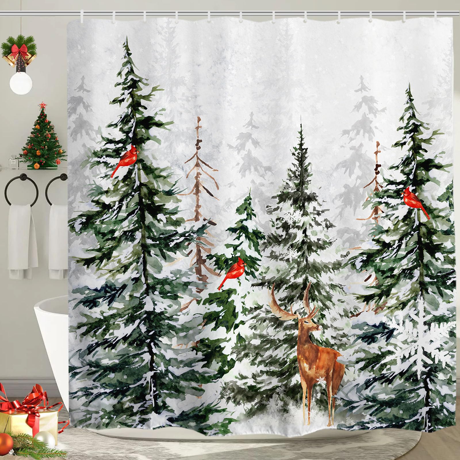 Baccessor Winter Christmas Snowy Forest Shower Curtain Pine Tree Cardinal Deer Snowflake Shower Curtain 72X72 Inch Xmas Holiday