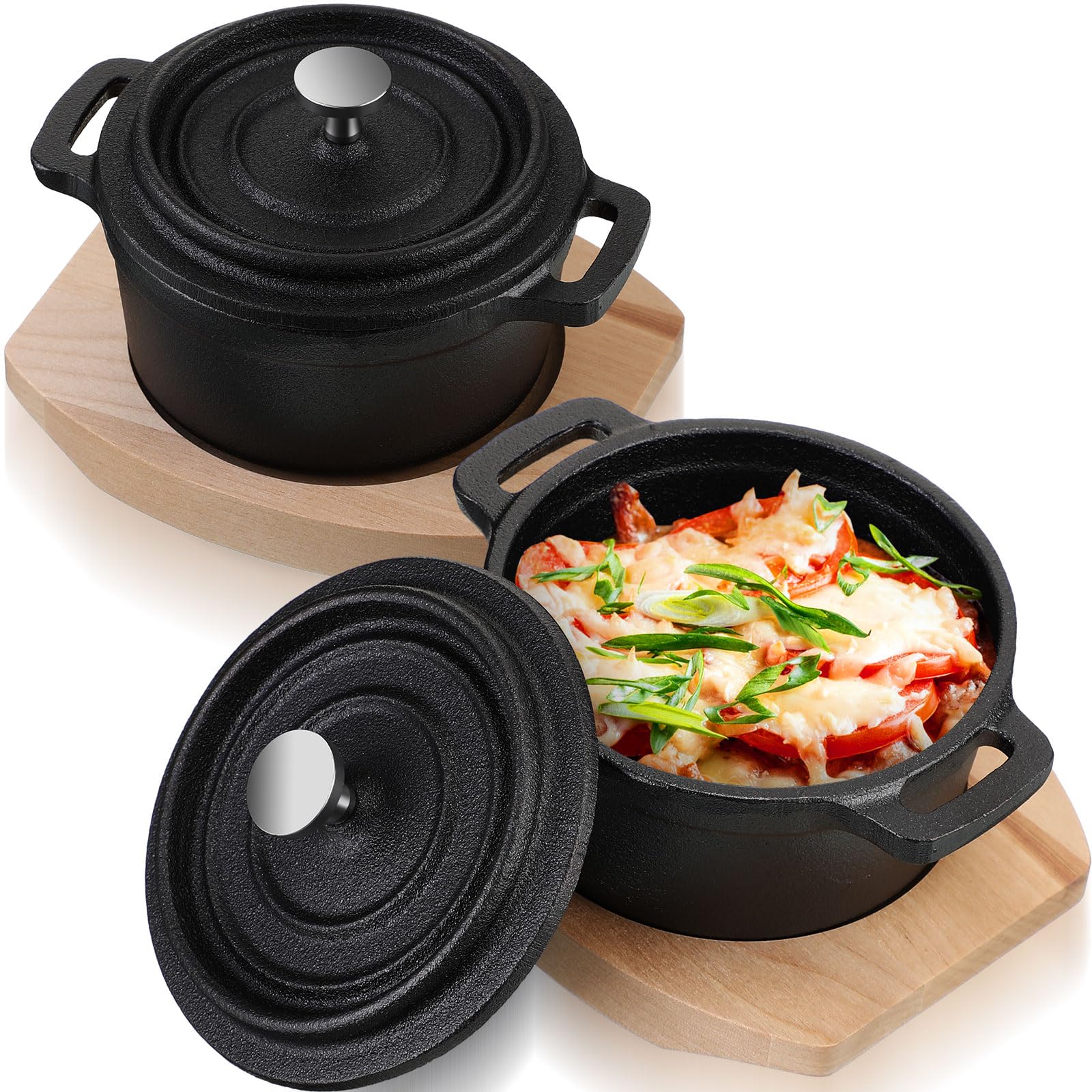 Suttmin 2 Sets 8 oz Dutch Oven Pot with Lid and Wooden Base Pre Seasoned Cast Iron Casserole Mini Cast Iron Pot Round Cocotte wi