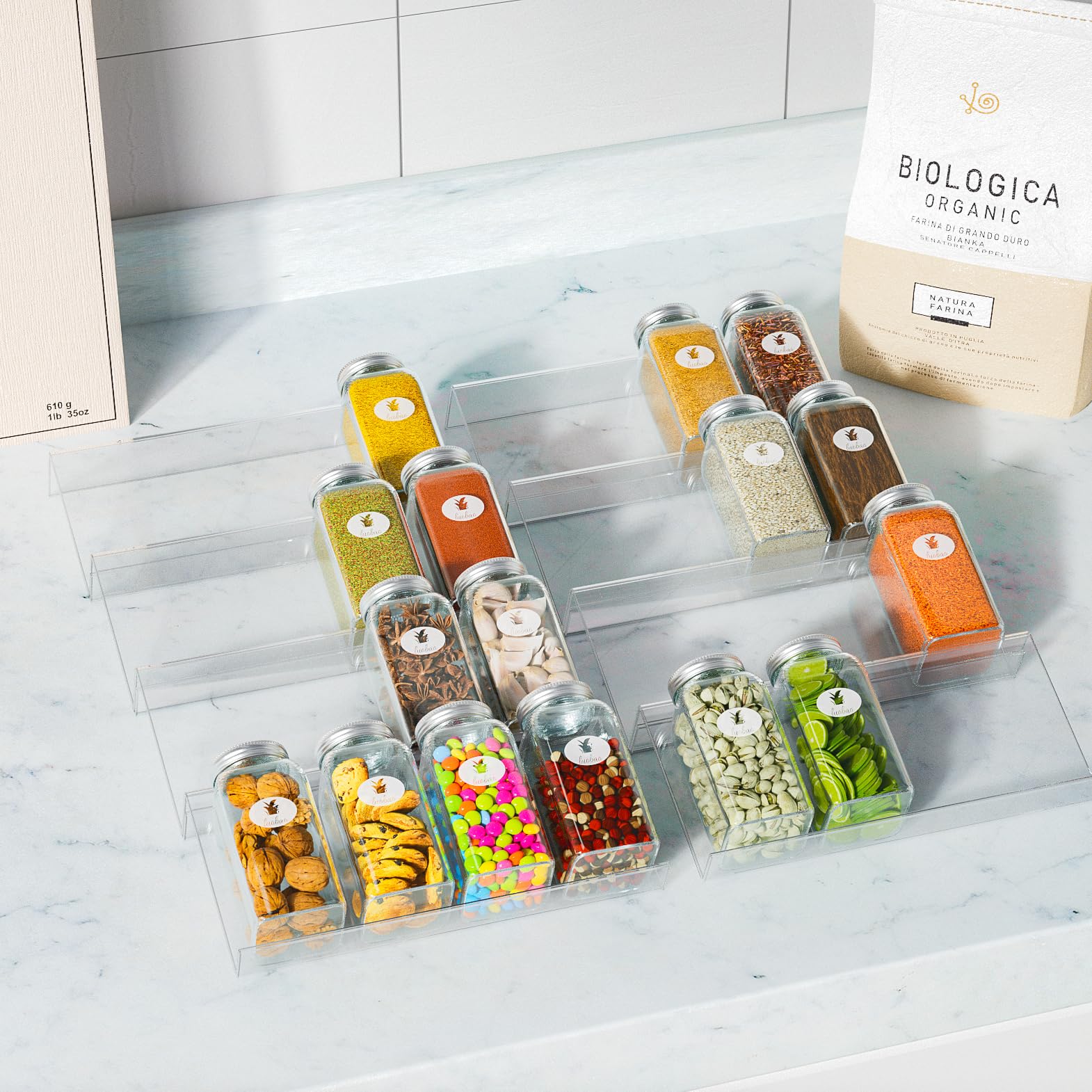 Feeling Mall Spice Drawer Organizer Spice Rack Seasoning Jars Storage Tray Adjustable Expandable For Kitchen, Countertop, Cabine