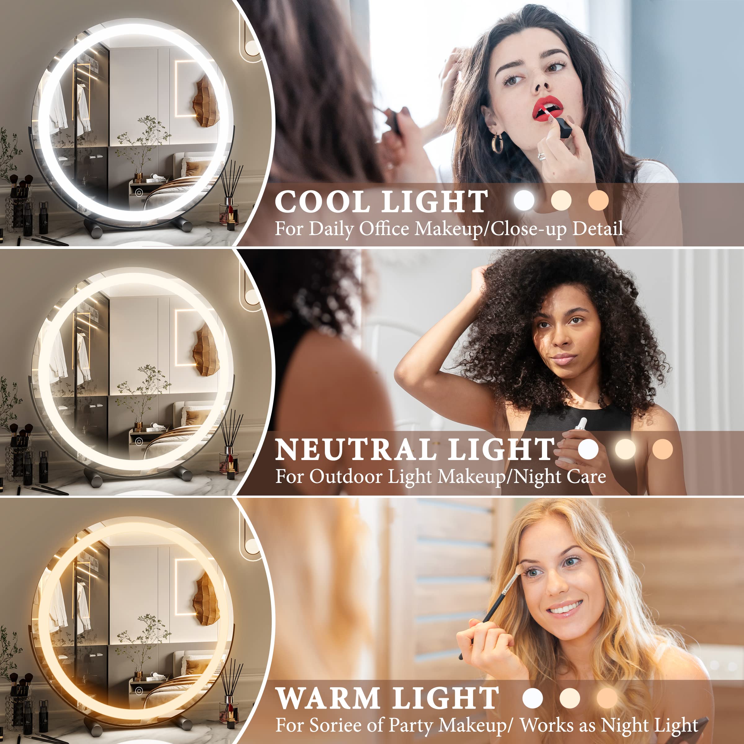 FENNIO 18 inch Large Vanity Mirror with Lights, Round LED Lighted Up Makeup Mirror, Large Makeup Mirror with Lights, Touch Scree