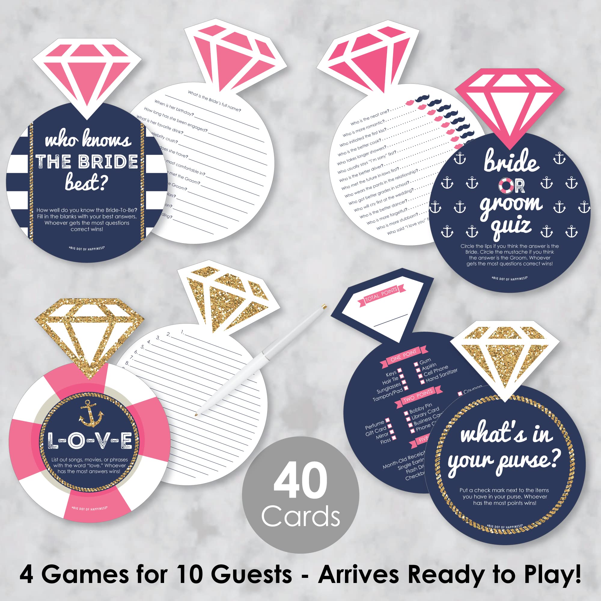 Big Dot Of Happiness Last Sail Before The Veil - 4 Nautical Bridal Shower Games - 10 Cards Each - Gamerific Bundle