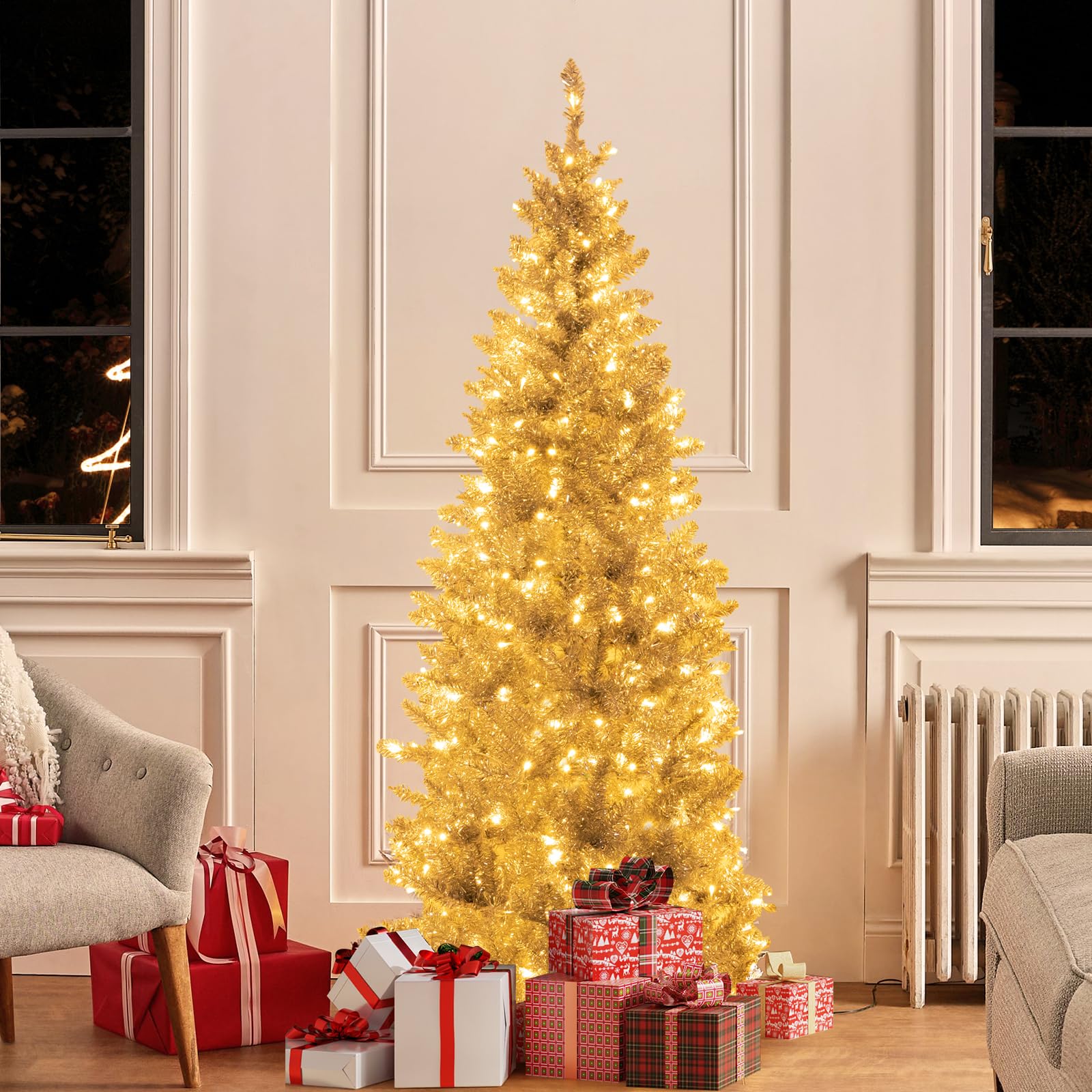 GOFLAME 6FT Pre-Lit Pencil Christmas Tree, Hinged Christmas Tree with Tinsel Leaves, 790 Branch Tips & 300 Warm White LED Lights