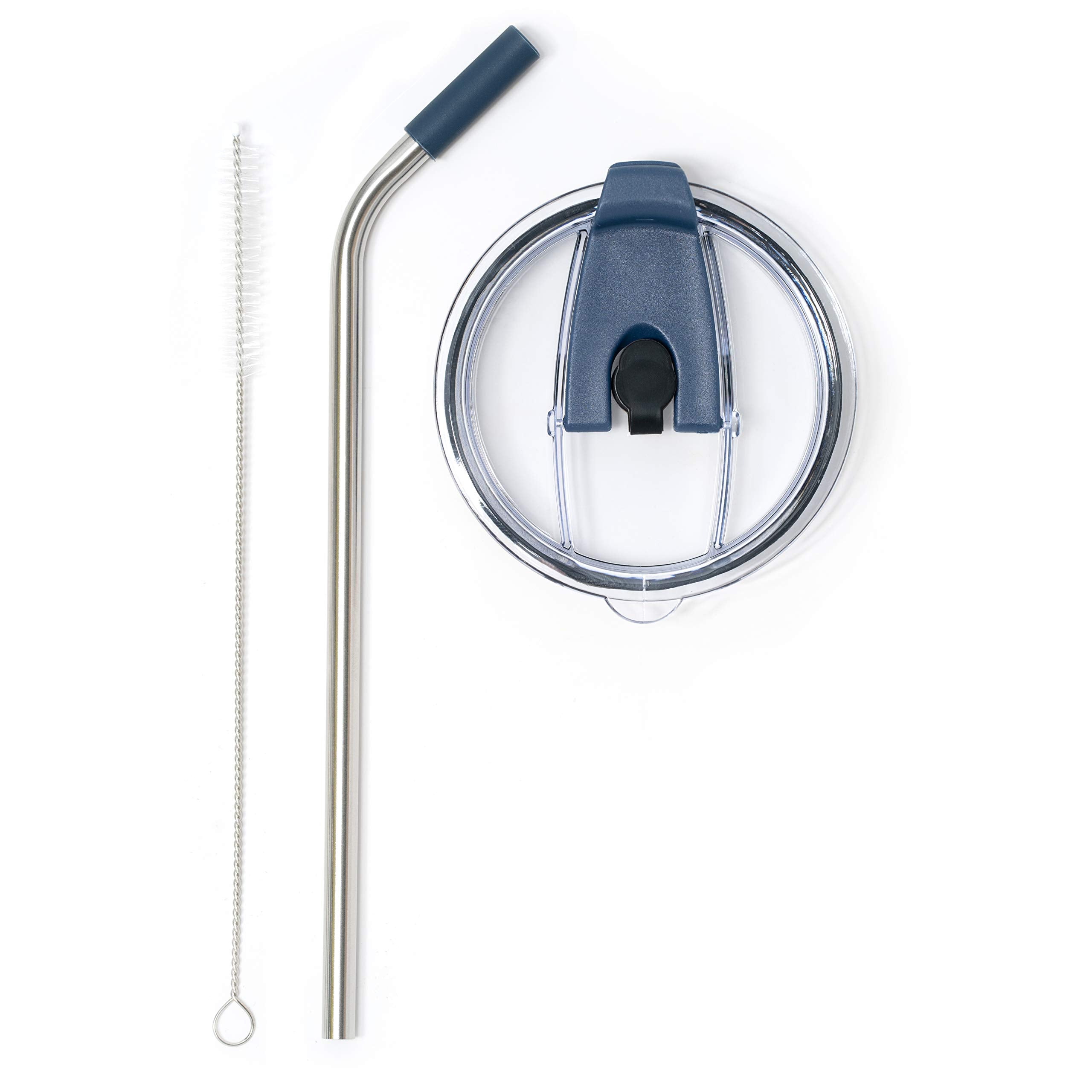 Spill Proof Tumbler Lid With Angled Stainless Steel Straw + Silicone Straw Tip + Straw Cleaning Brush For Yeti Rambler Or Ozark