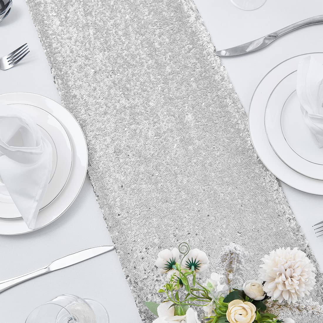 6 Packs 12 X 72 Inches Silver Sequin Table Runner, Glitter Runner For Birthday Party Supplies Decorations Wedding Bachelorette H