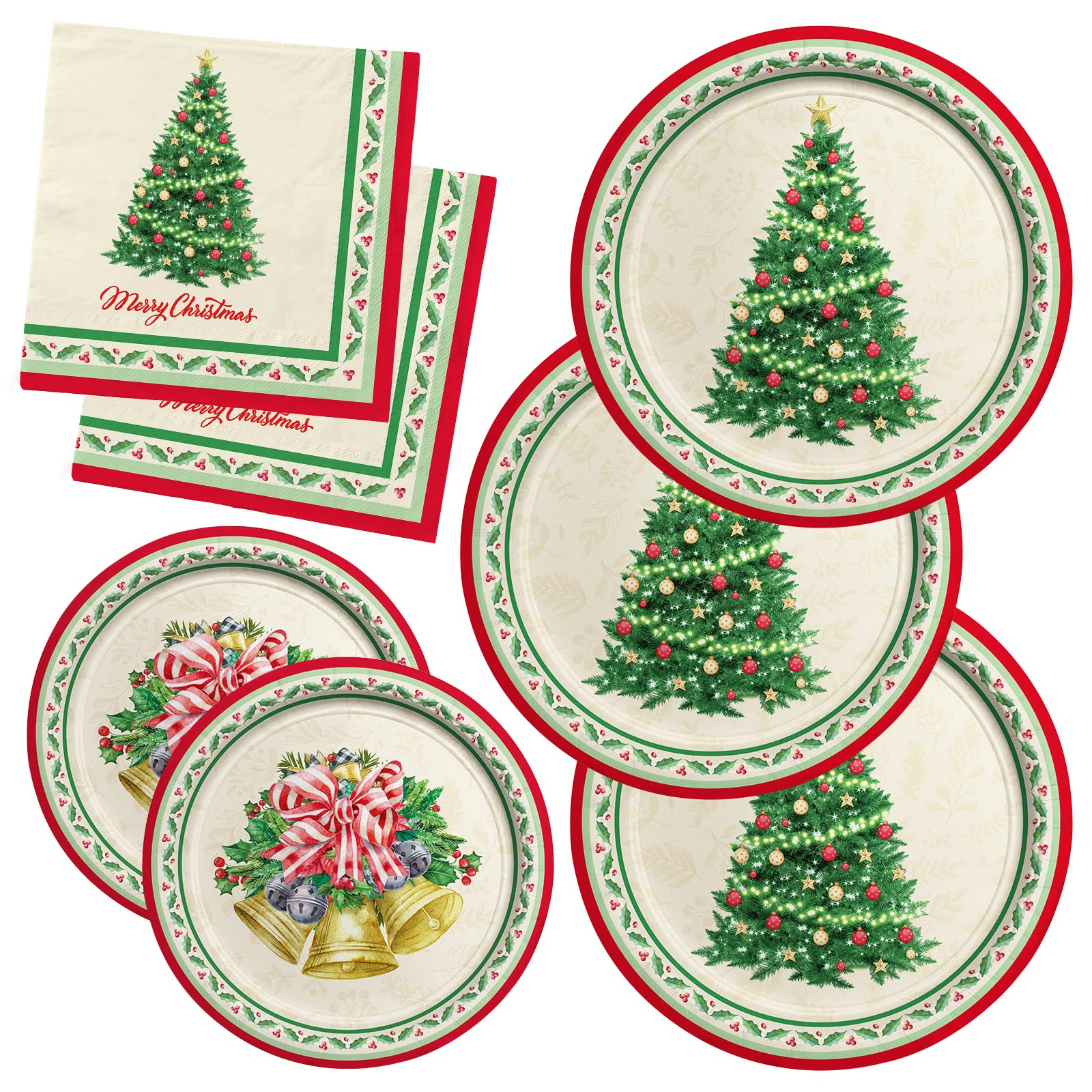 Gatherfun Christmas Party Supplies Kit, Serve 50, Christmas Tree Disposable Dinnerware Includes: Paper Dinner Plates, Dessert Pl