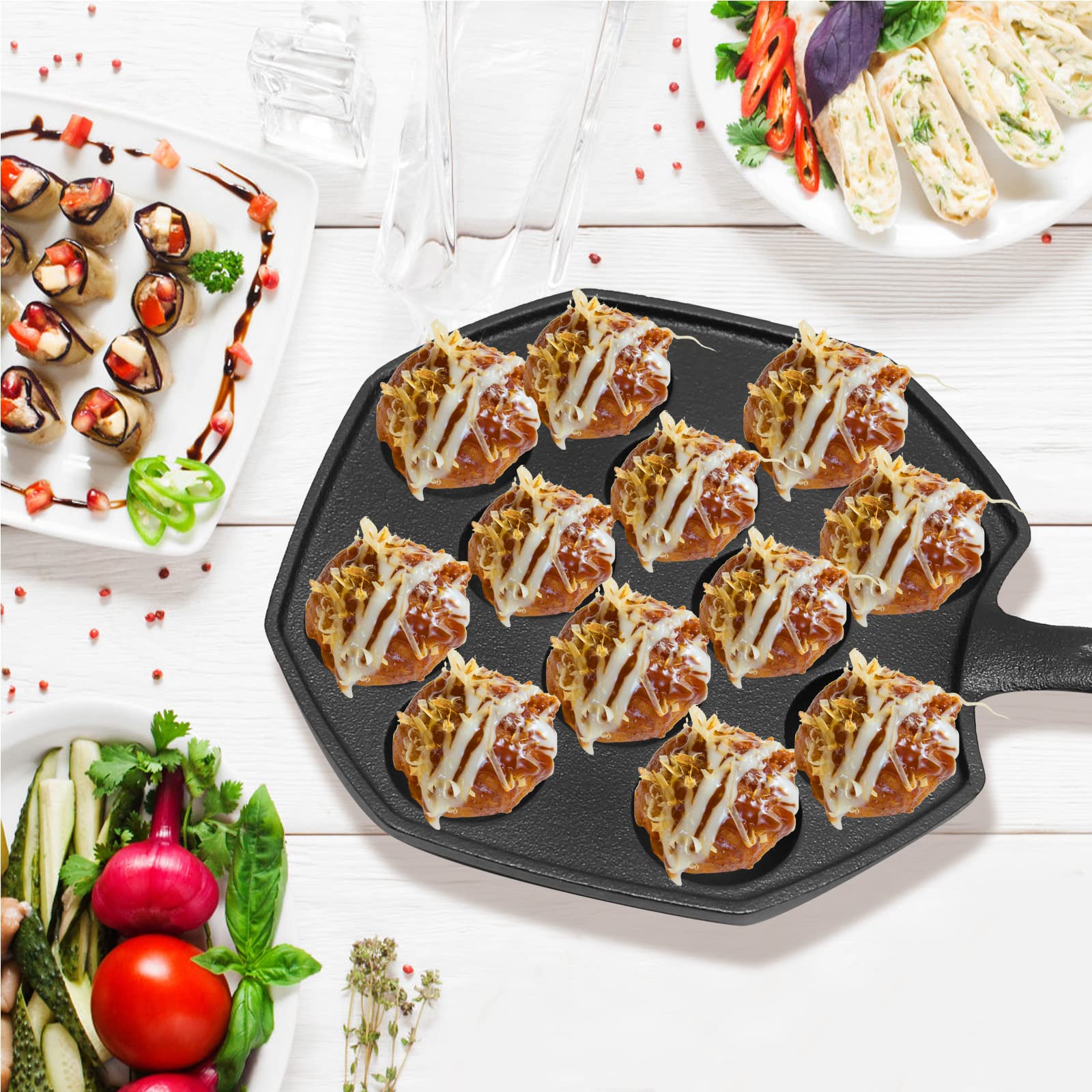 Anxingo Cast Iron Takoyaki Pan - 12 Hole Heavy Duty Square Cooking Plate Octopus Ball Maker 1.5'' Half Sphere Takoyaki Maker For