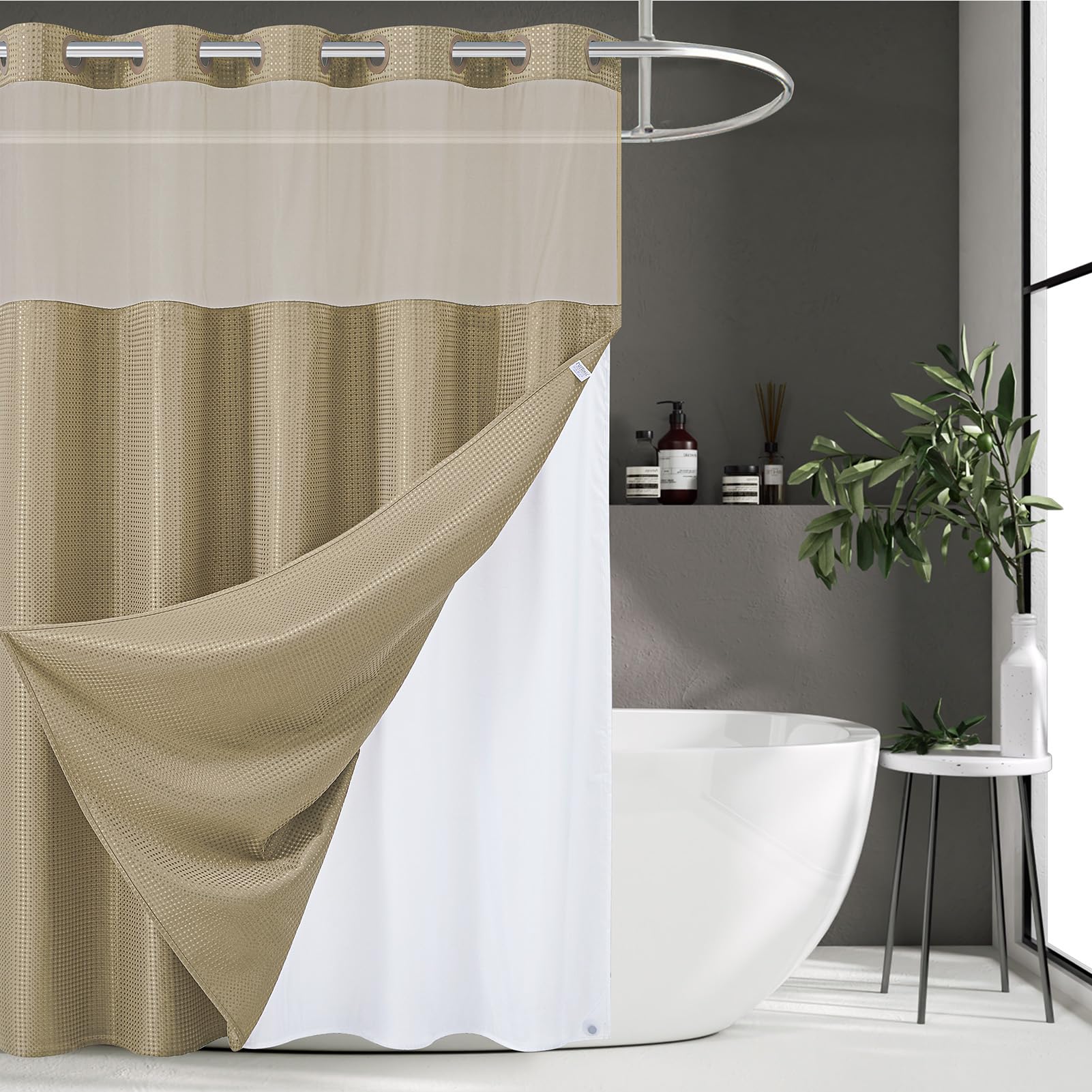 Furlinic Waffle Weave No Hook Shower Curtain With Snap In Liner,Honeycomb Textured Bathroom Curtains With See Through Top Window