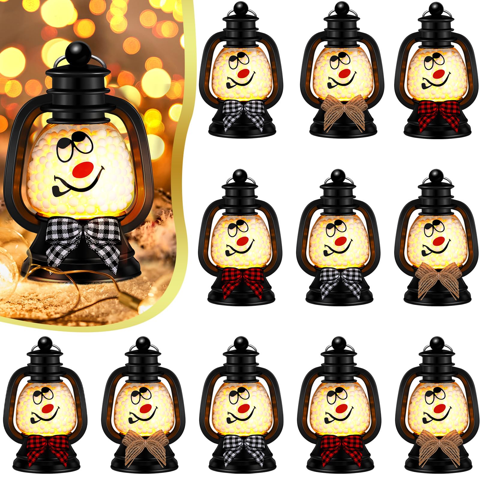 ROCEEI 12 Pcs Christmas Mini Snowman Lanterns Decorative with Flickering LED Candles Buffalo Plaid Bow Small Winter Portable Tab
