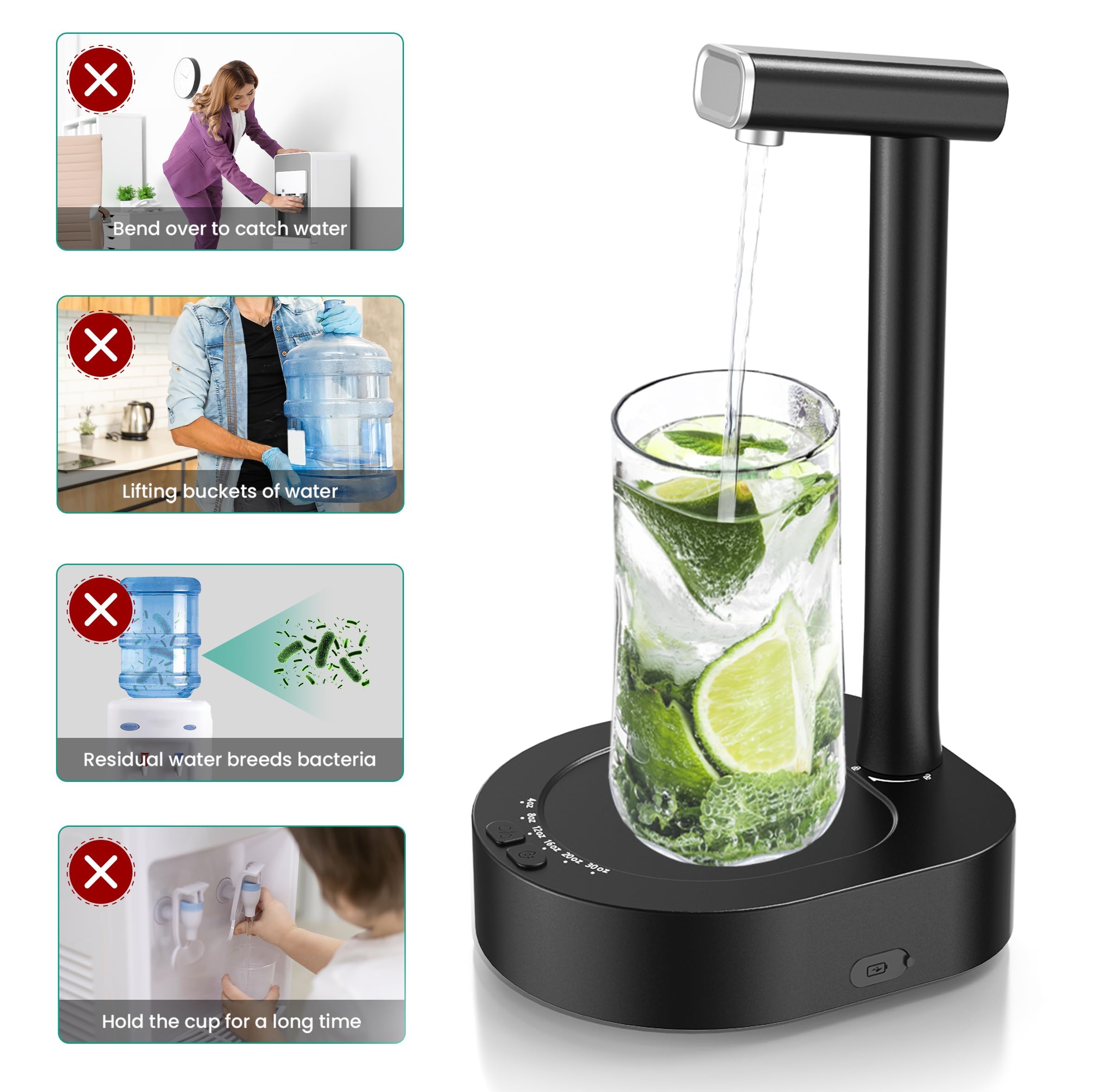 Desktop Water Bottle Dispenser  Water Pump for 5 Gallon Bottle  Bedside Water Dispenser  Portable Detachable Type-C Charging  Application Home  Office  Camping