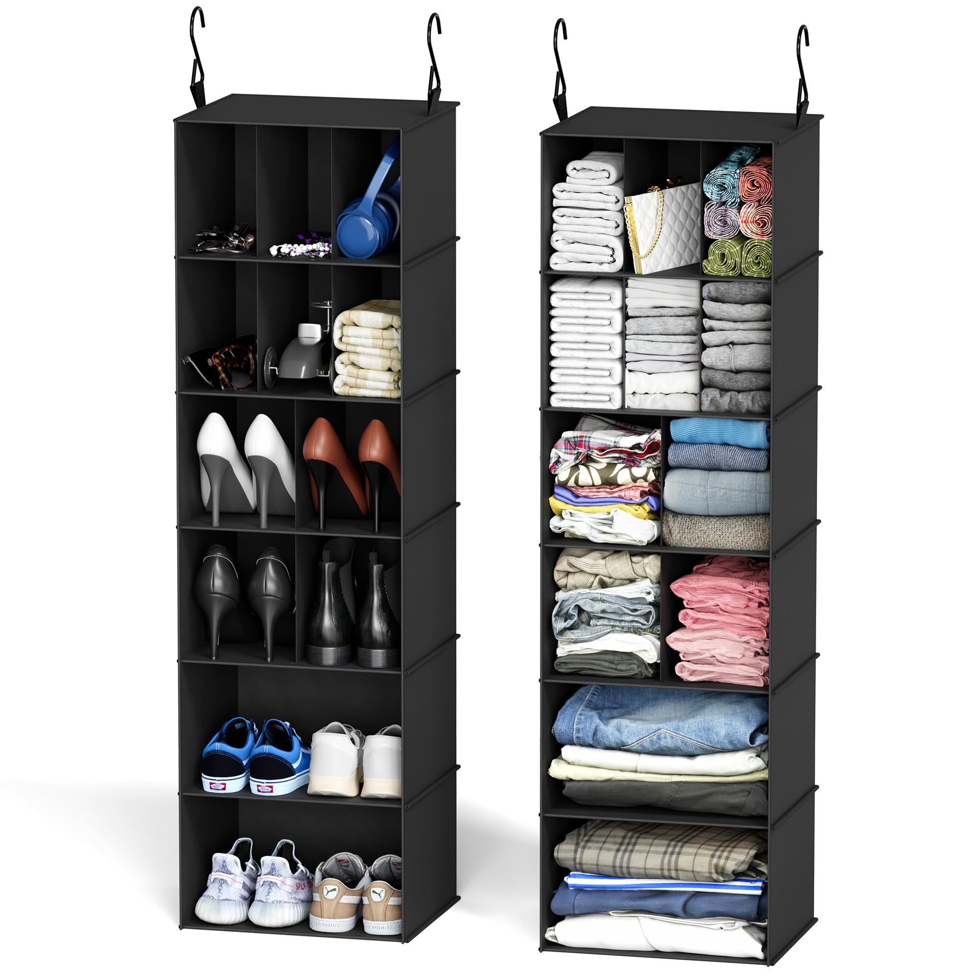 Spaceaid 2 Pack 6 Shelf Hanging Closet Organizers And Storage With Dividers, Hanging Shelves For Wardrobe, Black