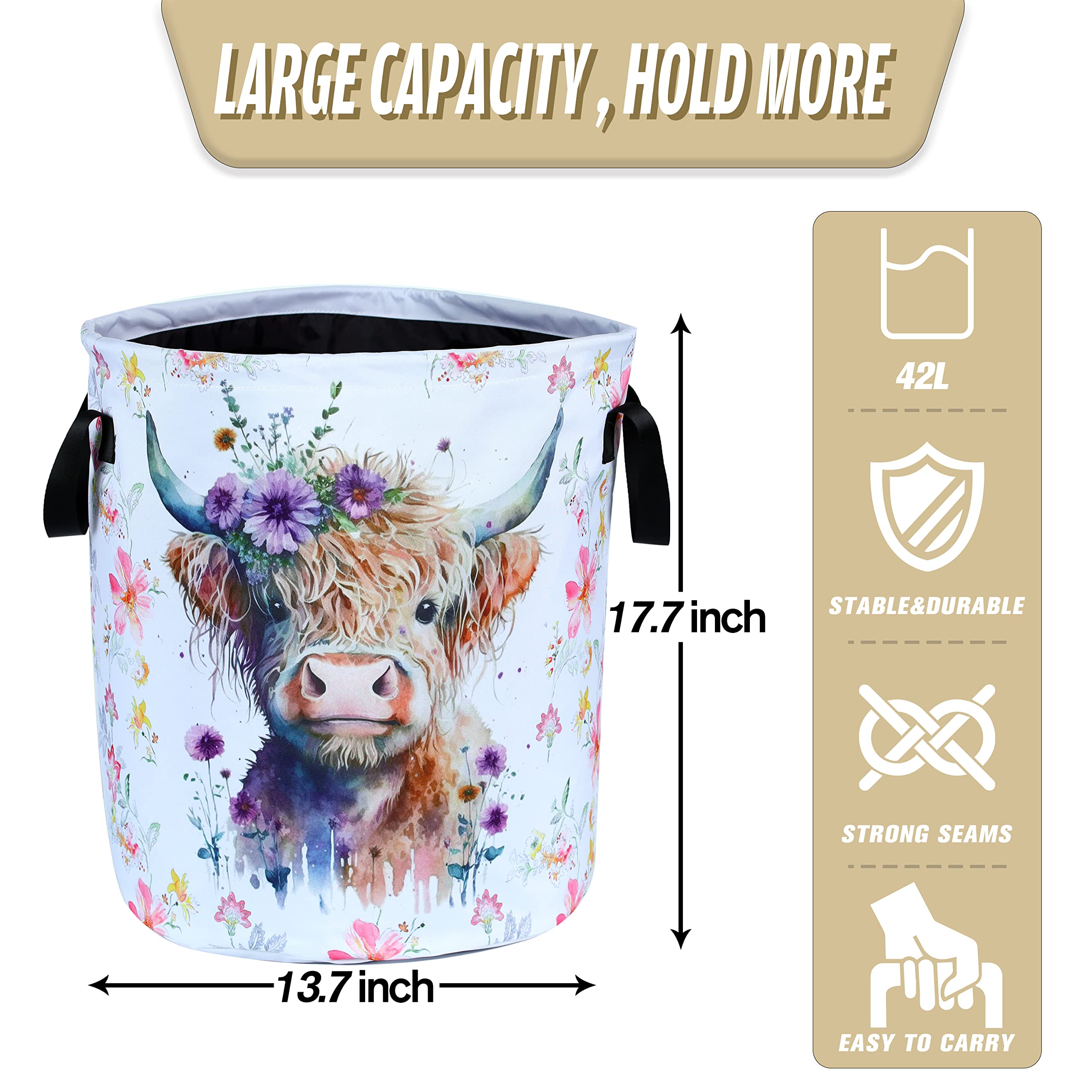Highland Cow Laundry Basket Foldable Waterproof Oxford Cloth Funny Tote Bag Laundry Hamper Clothes Storage Bucket Toy Organizer