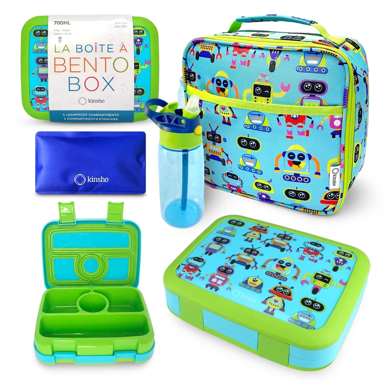 Kinsho Bento Lunch Box And Insulated Bag, Water Bottle & Ice Pack Set For Kids Toddlers, 4 Portion Sections, Removable Tray, Pre