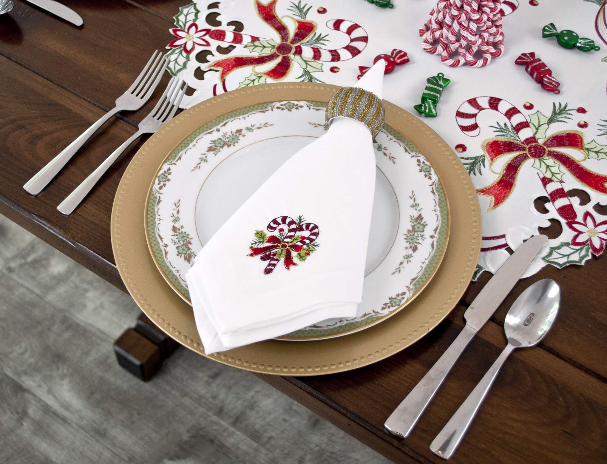 Set Of 4 Embroidered Holiday Candy Canes On White Napkins 19 Inch X 19 Inch Quad Fold Elegant Setting Holiday Decor