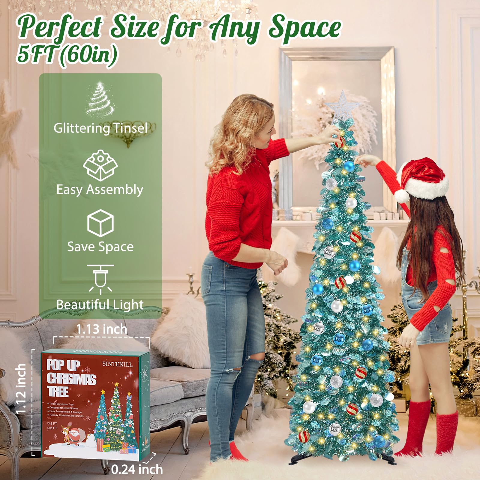 SINTENILL 5 FT Pop Up Christmas Tree with Timer Lights and Decorations, Ice Blue Artificial Tinsel Christmas Tree with 24 Ball O