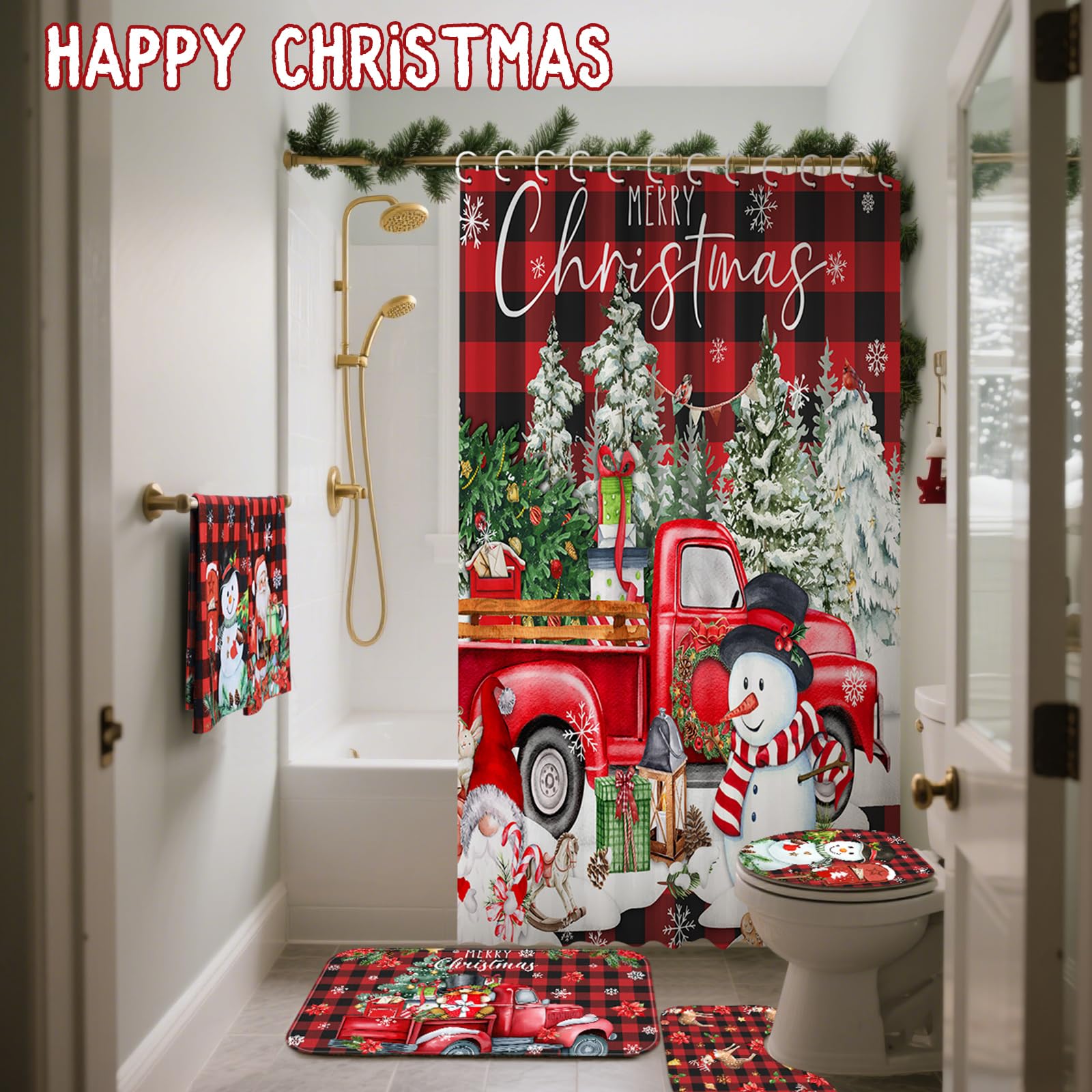 FuWeave 8 Pcs Christmas Shower Curtain Set Xmas Santa Bathroom Decoration Christmas Tree Hand Towels Snowman Toilet Lid Cover Ba