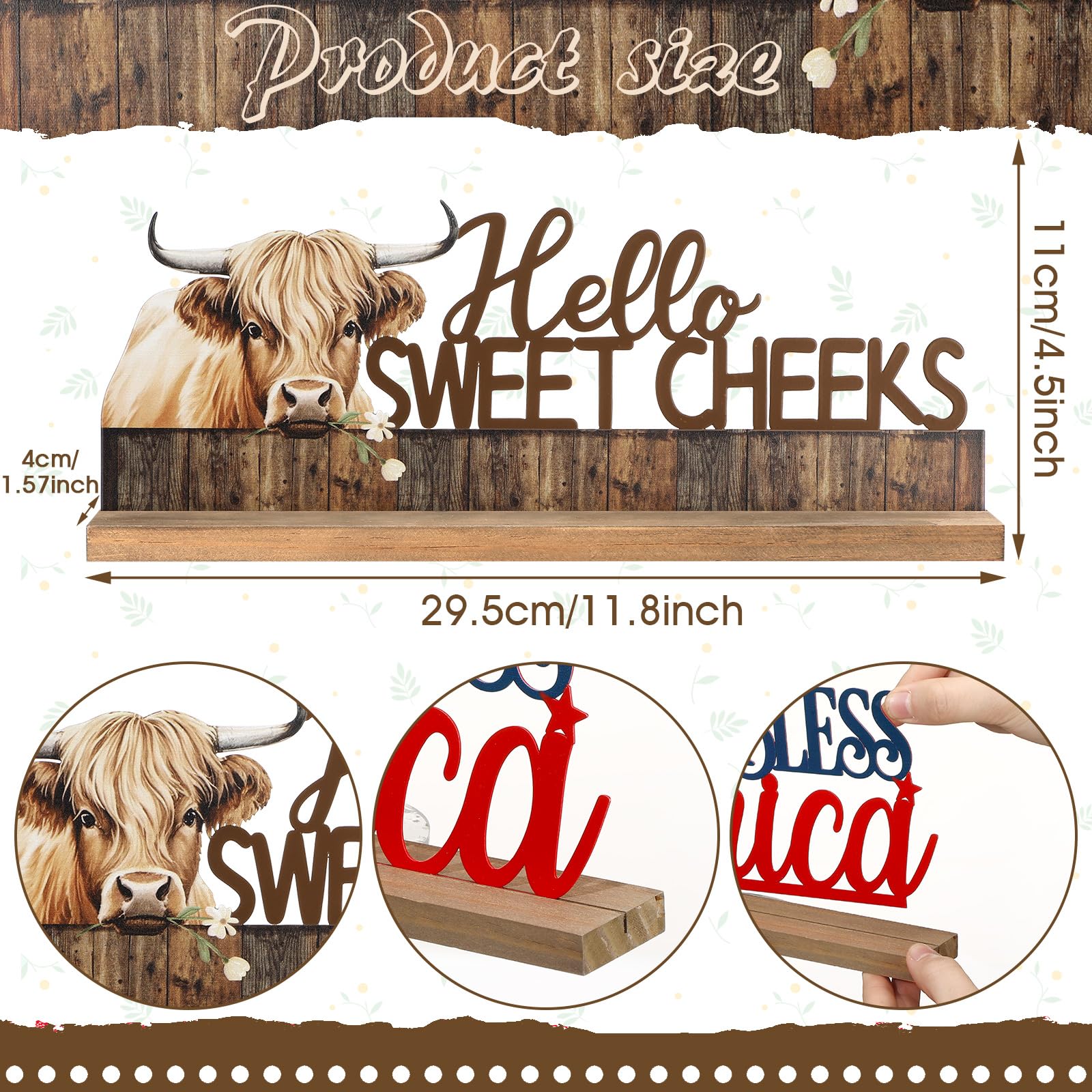 MiniInflat Highland Cow Metal Sign Rustic Table Decor Hello Sweet Cheeks Tiered Tray Decor with Wooden Base Freestanding Metal W