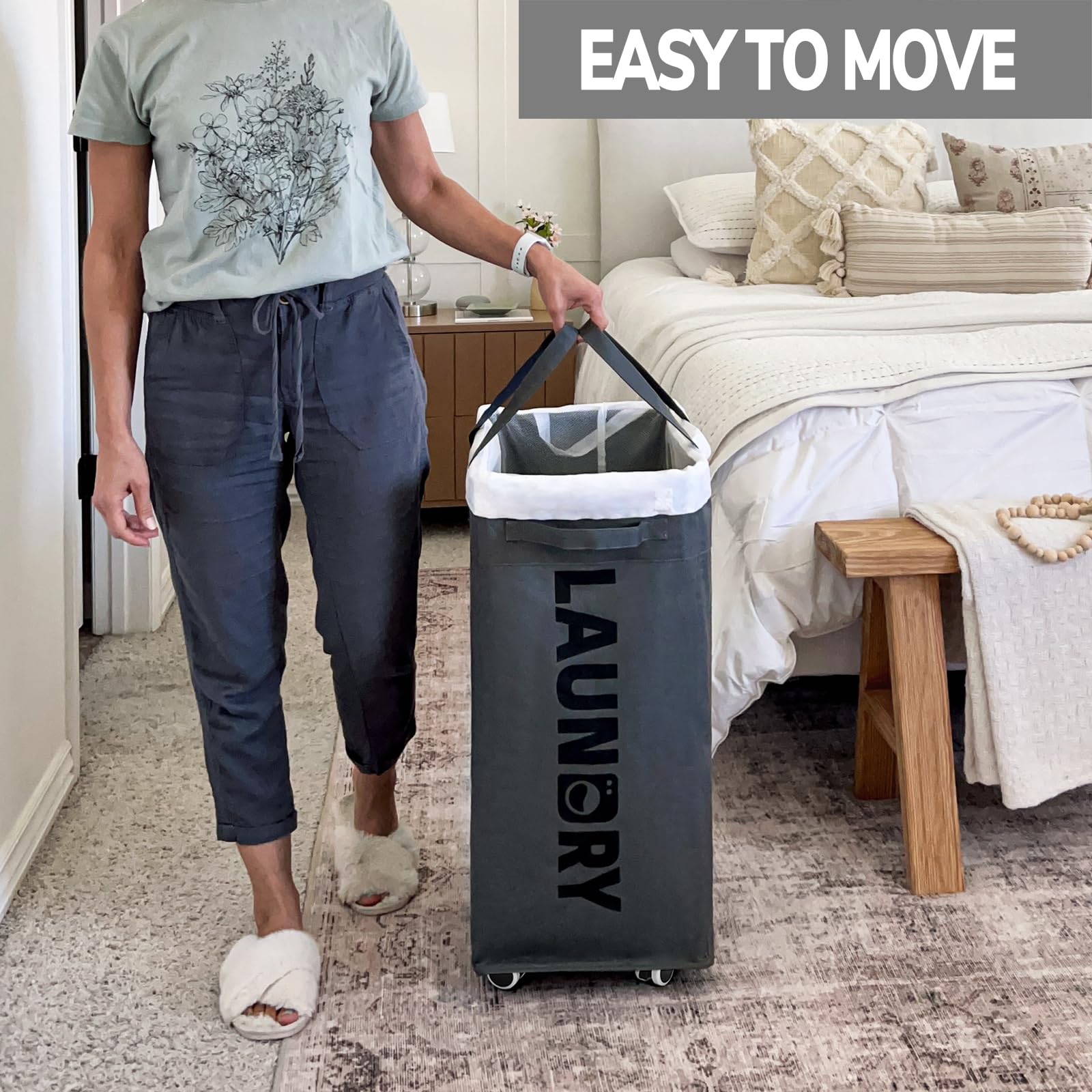Goodpick Hamper With Wheels, 2-Pack 75L Foldable Laundry Baskets With Removable Wash Bags, Dirty Laundry Basket For Corner Dorm,
