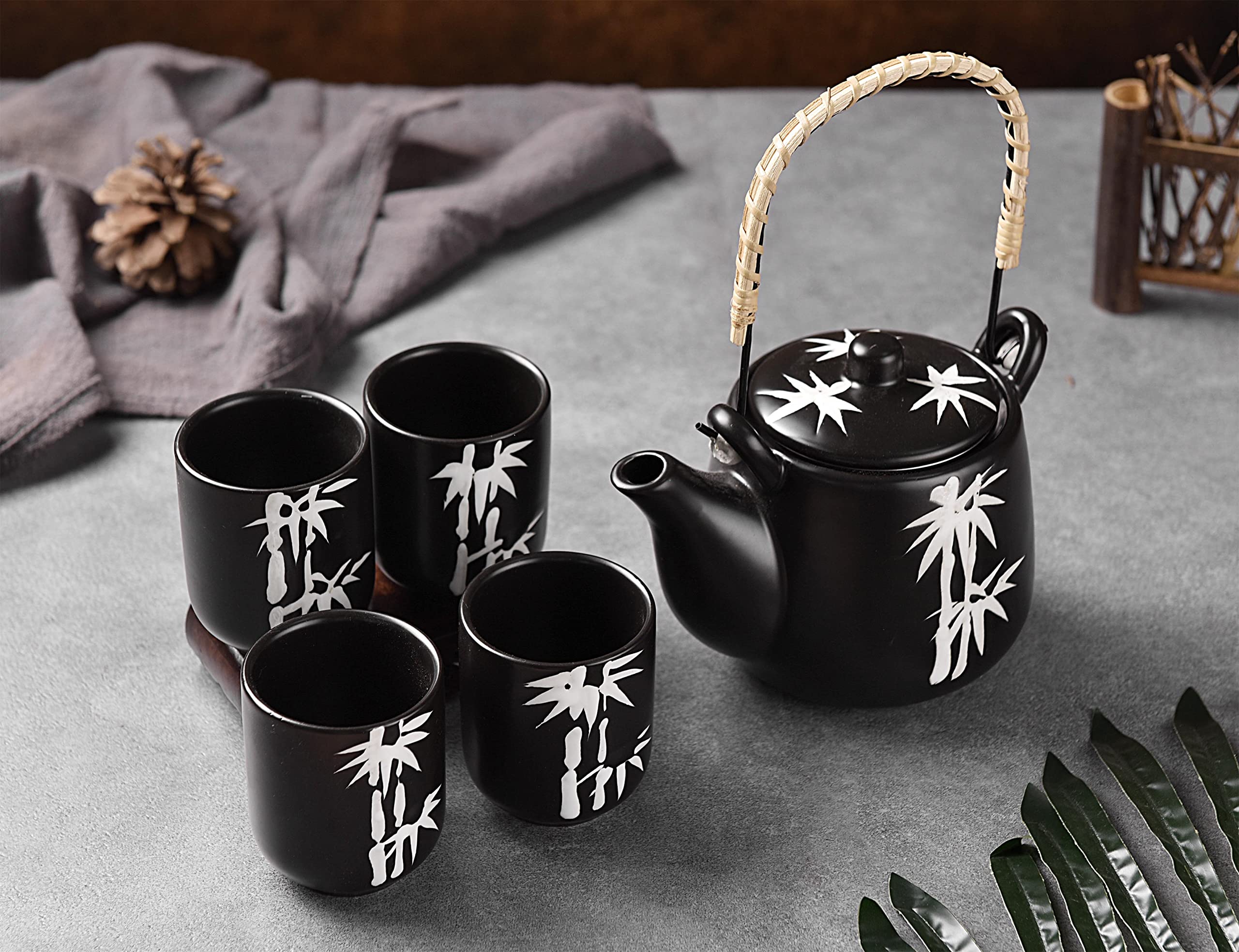 Mose Cafolo Japanese Tea Set Black With White Bamboo Ceramic Tetsubin Teapot & 4 Teacups, Stainless Steel Infuser, Rattan Handle