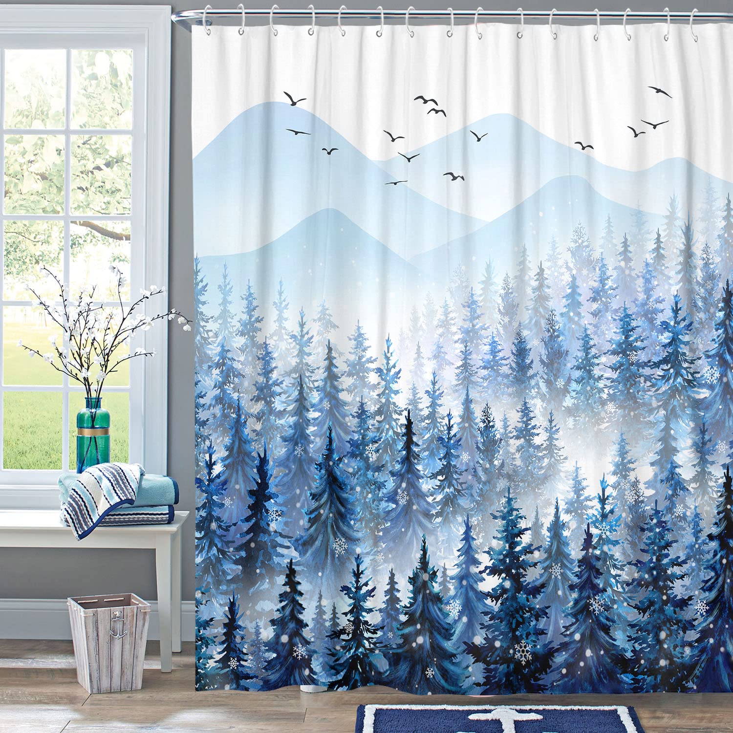 Accnicc Christmas Shower Curtain Set Winter Misty Forest Waterproof Fabric Shower Curtains for Bathroom Blue White Nature Snowflake Xmas Tree Mountain Bath Curtain Decor (Ice Blue  72''