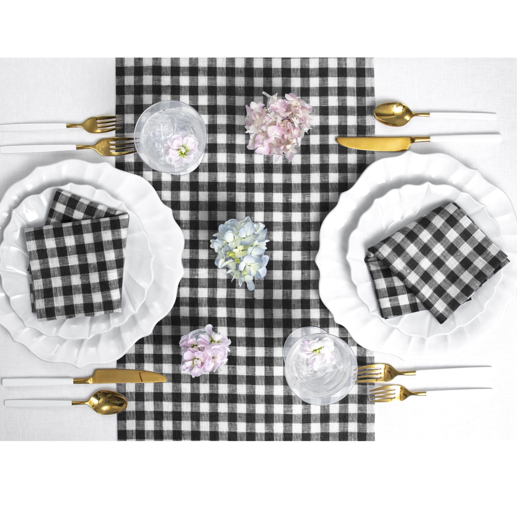 Solino Home Check Linen Table Runner 108 Inches Long - 100% Pure Linen Black Plaid Table Runner 14 X 108 Inch Ideal For Wedding,
