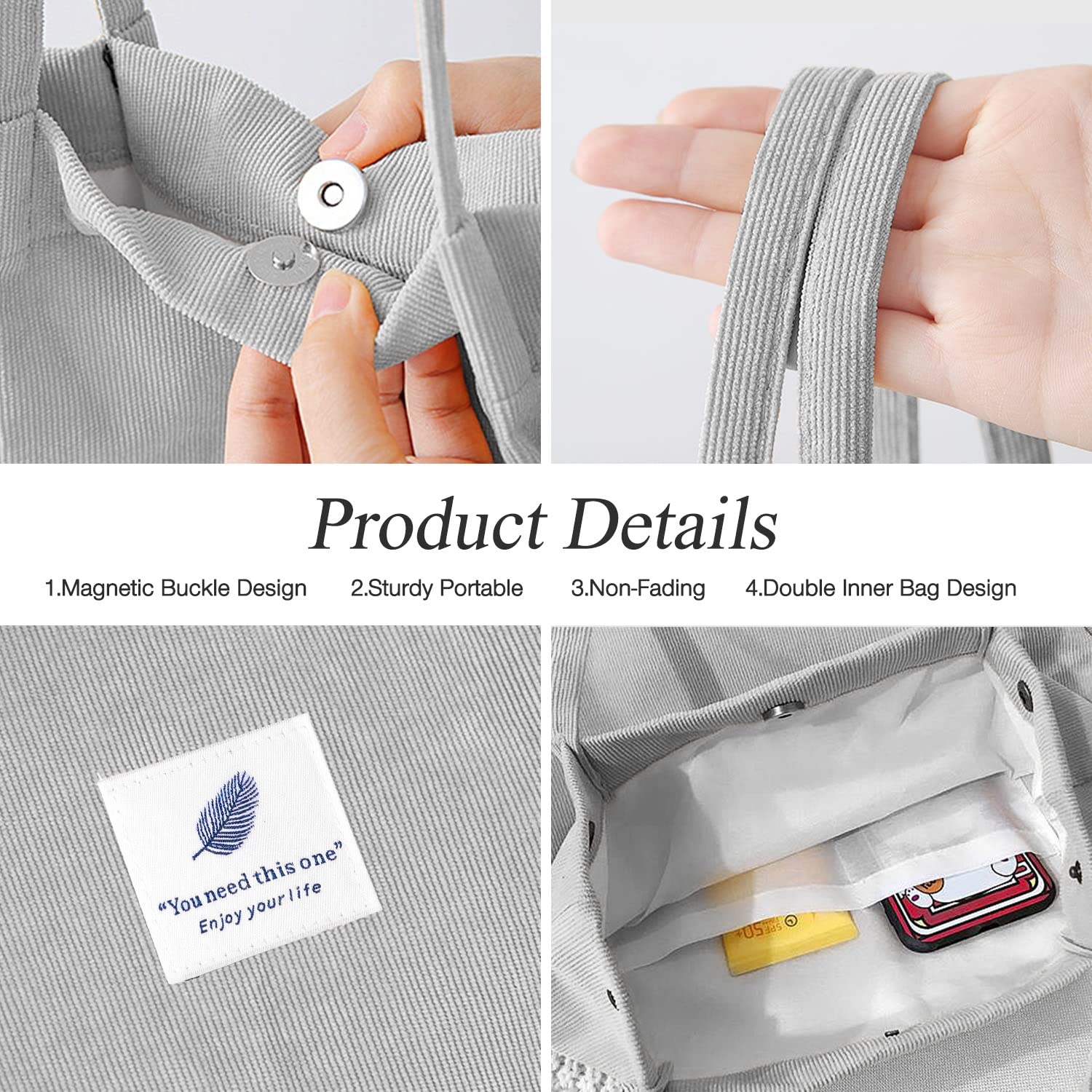 Lhmtqvk Tote Women Girls, Large Capacity Corduroy Reusable Grocery Shoulder Bag With Inner Pockets, Grey