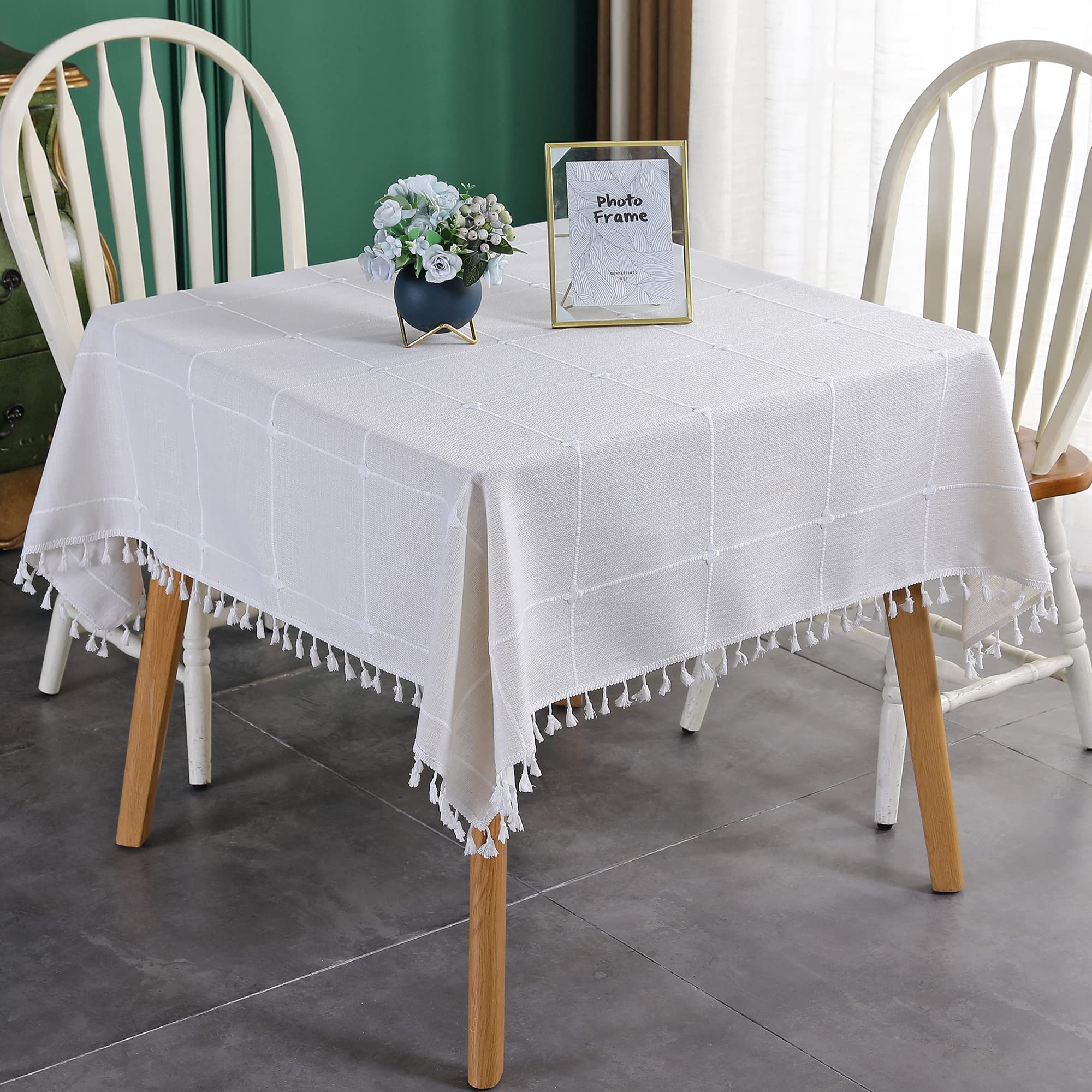 Farmhouse Checkered Embroidery Lattice Square Tablecloth with Tassel Heavy Duty Rustic Fabric Table Cover Wrinkle Resistant Washable Kitchen Dining Party Wedding Decoration 70 x 70 Inch