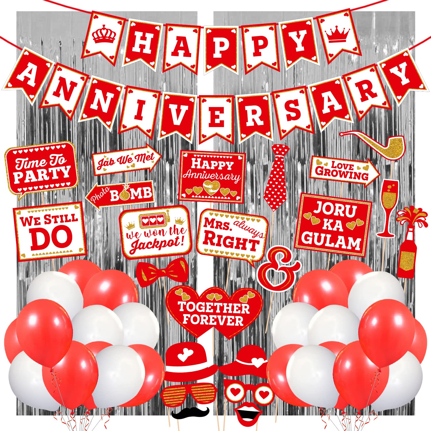 Zyozique Anniversary Photo Booth Party Props DIY Kit Happy Anniversary Paper Banner,Photo Booth Props,Foil Curtain and Balloon/