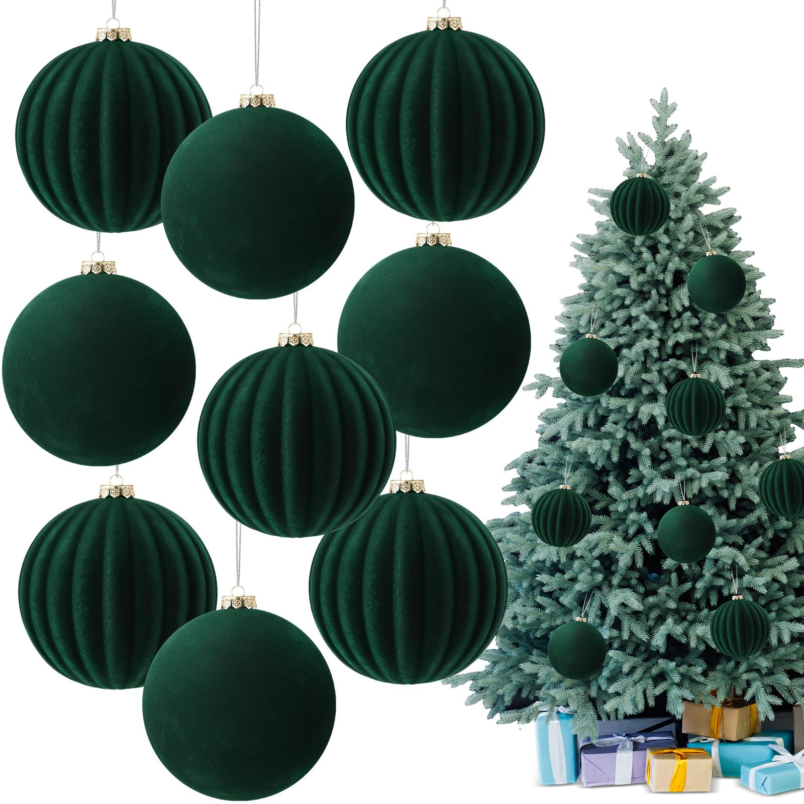 Syhood 9 Pcs 4 Inch Velvet Christmas Balls Large Velvet Xmas Tree Ornaments Balls Decorations Hanging Flocked Ornaments for Chri
