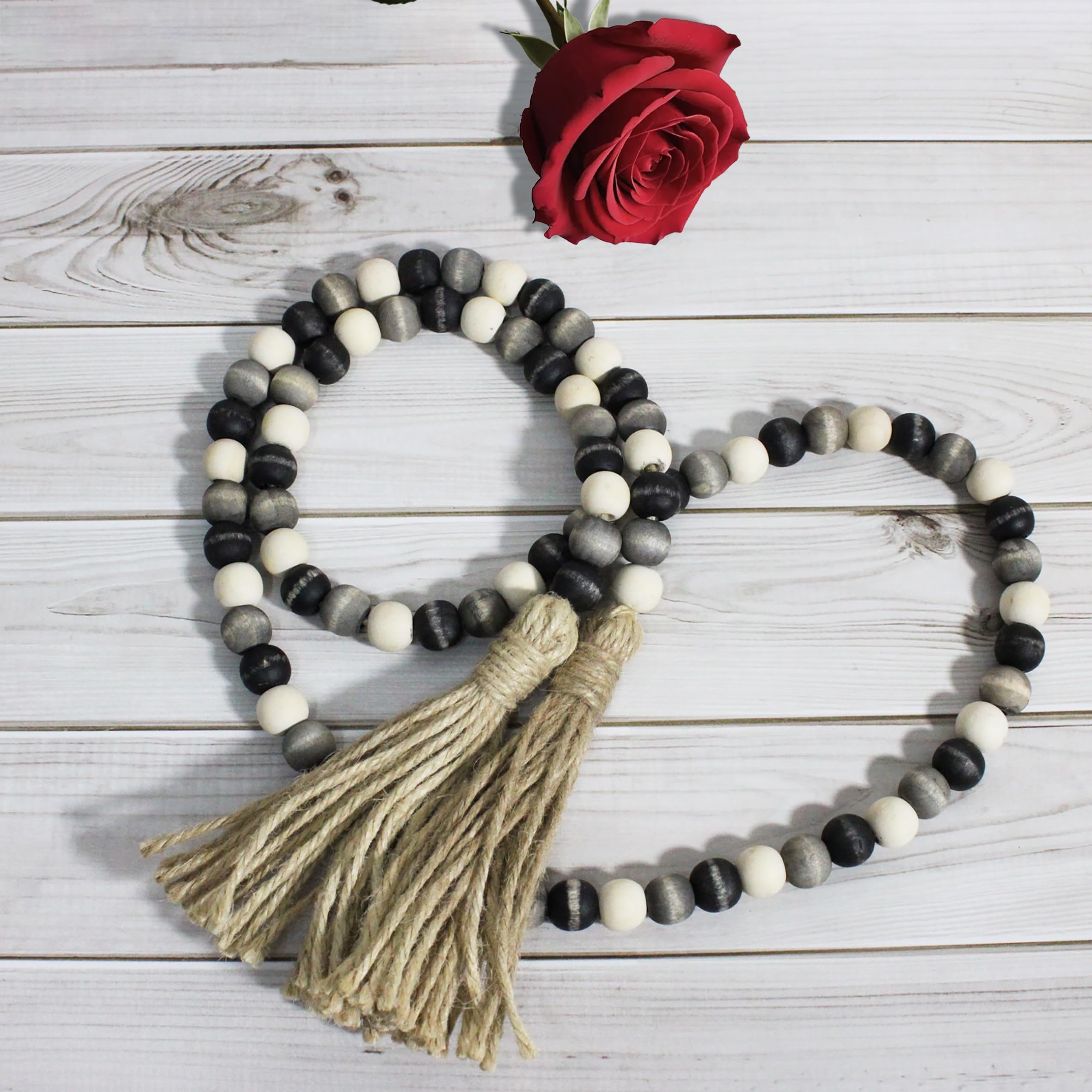 CVHOMEDECO. Wood Beads Garland with Tassels Farmhouse Rustic Wooden Prayer Bead String Wall Hanging Accent for Home Festival Dec