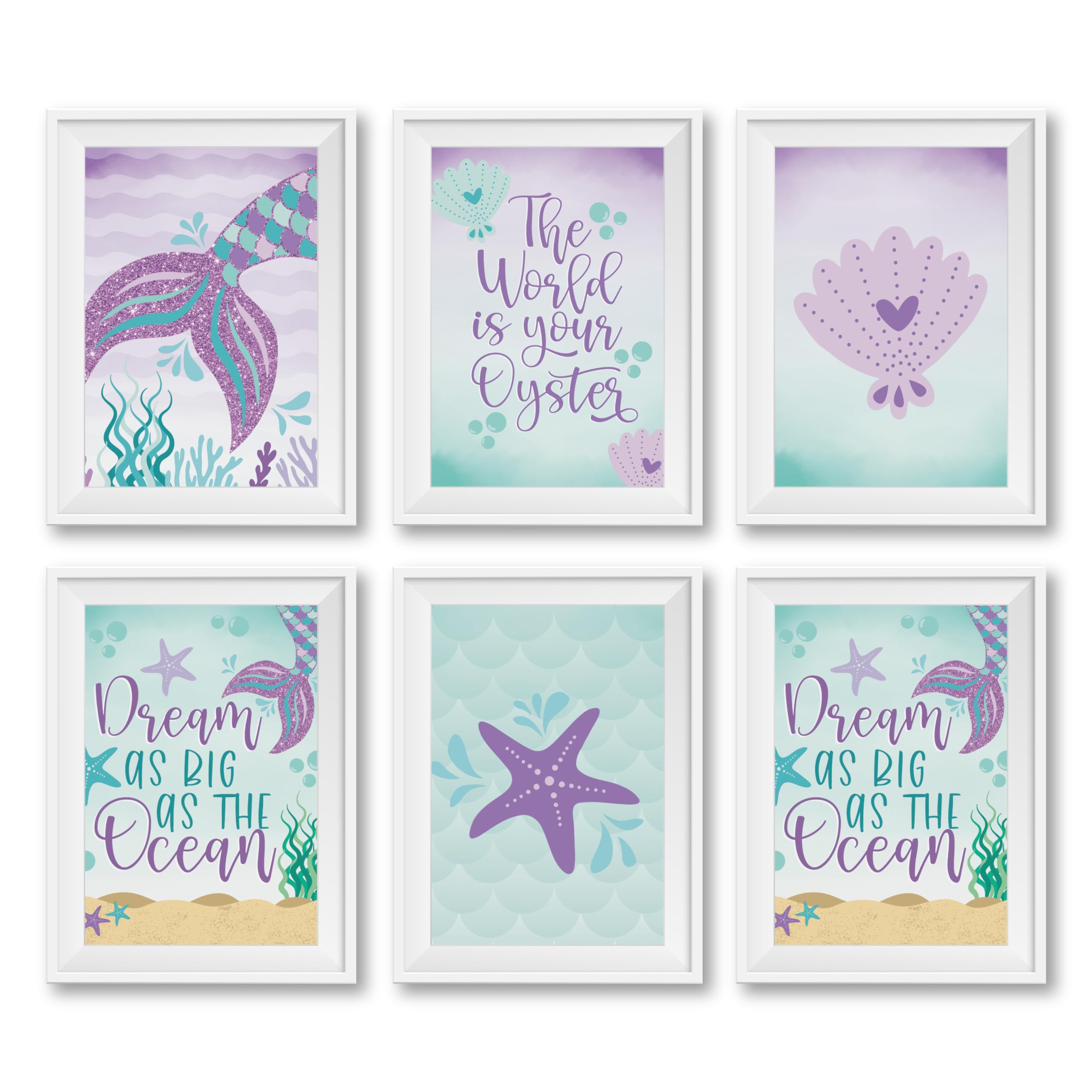 Hadley Designs 6 Reversible 8X10 Mermaid Decor Prints, Mermaid Room Decor For Girls Bedroom, Under The Sea Decorations For Girls
