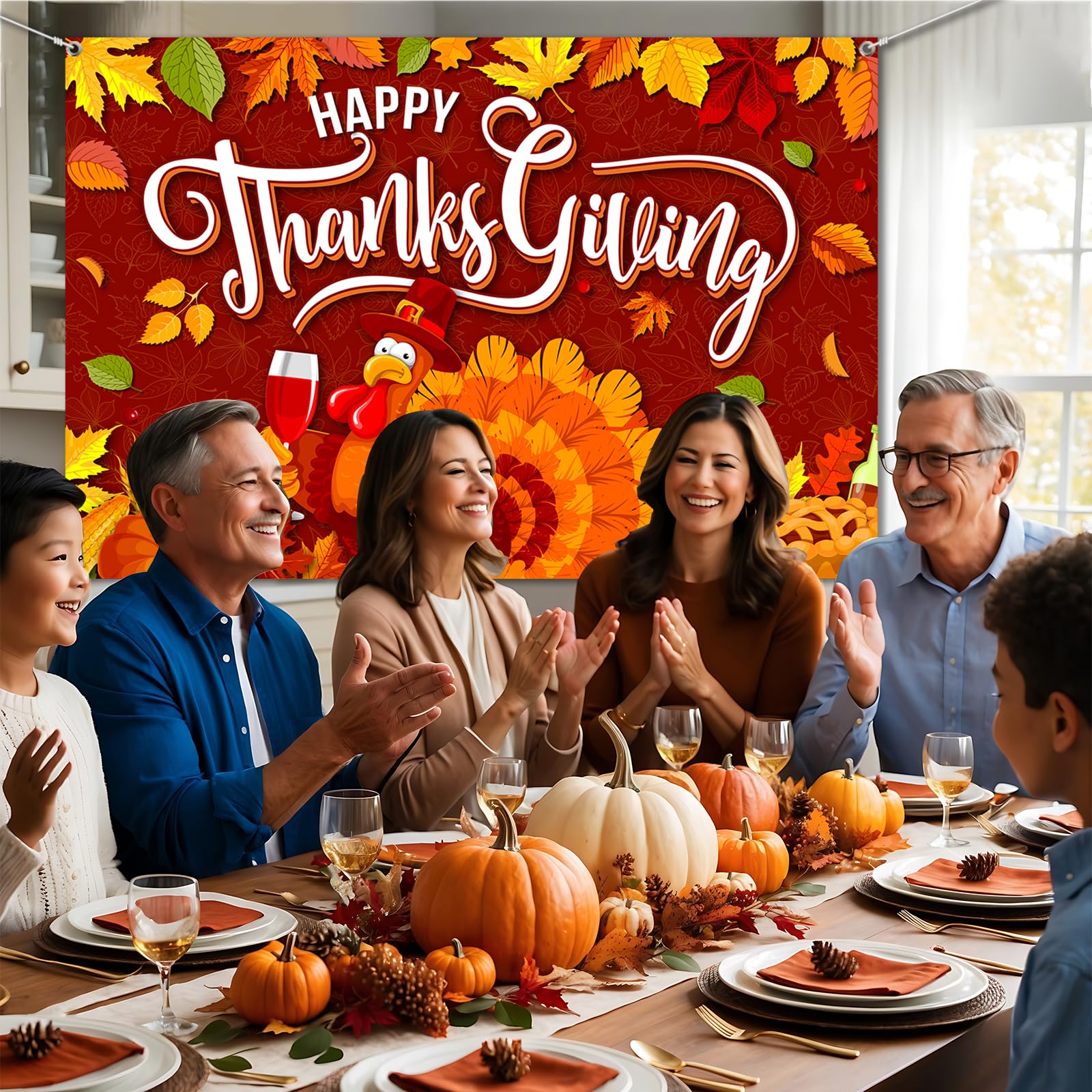 Thanksgiving Party Decorations - Turkey Happy Thanksgiving Banner with Maple, Pumpkin Design for Give Thanks Celebrations
