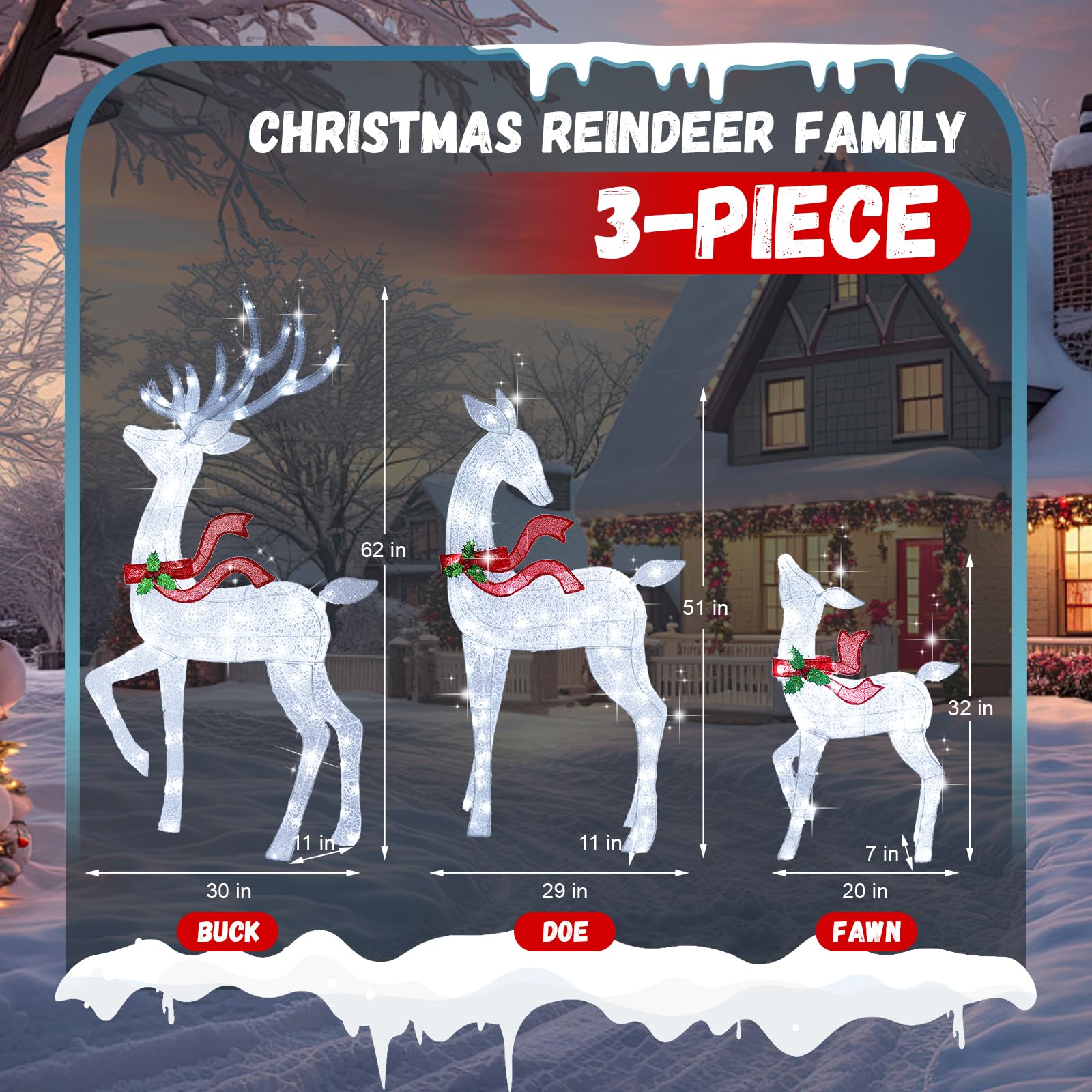 62Inch Reindeer Christmas Decoration Outdoor, 3-Piece Lighted Christmas Deer Family Set with 200 LED Cool White Lights for Yard