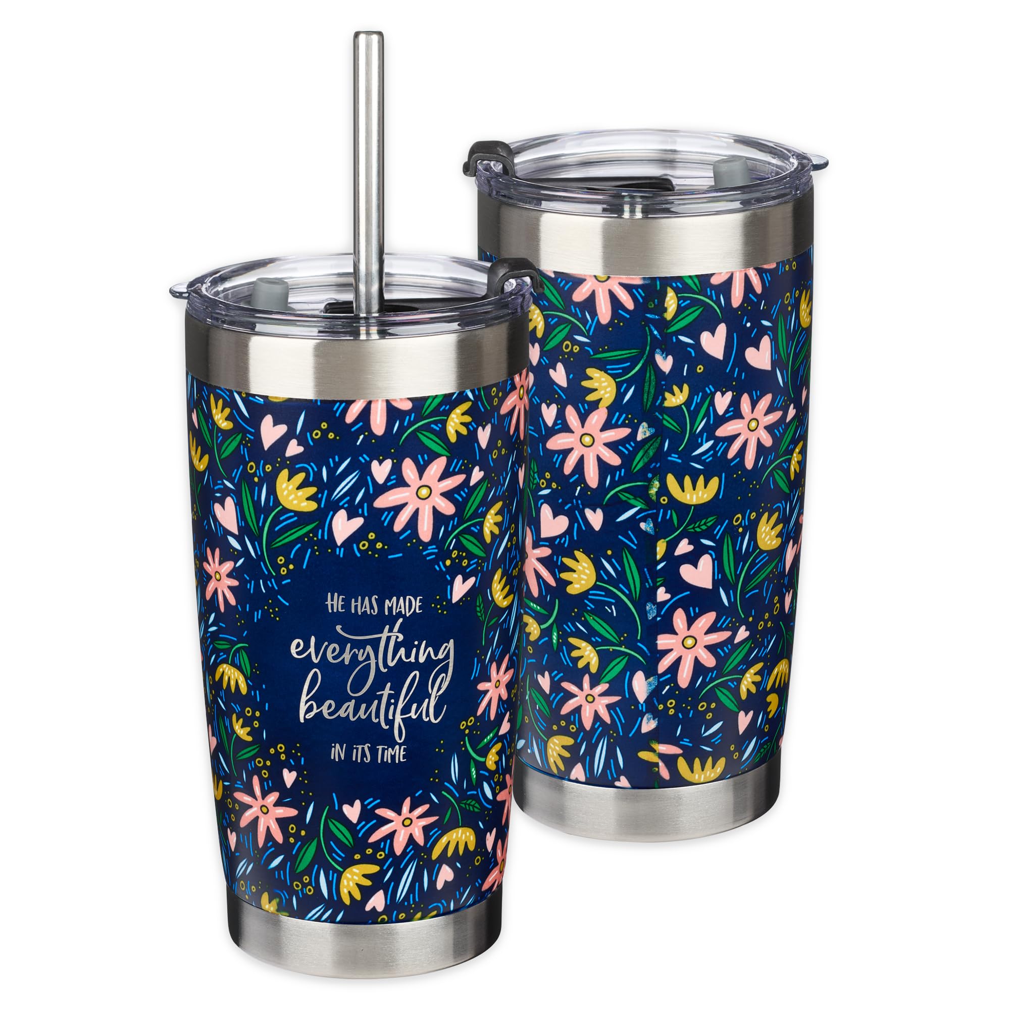 Christian Art Gifts Stainless Steel Double-Wall Vacuum Insulated Tumbler W/Straw & Lid 18 Oz Navy Floral Inspirational Bible Ver