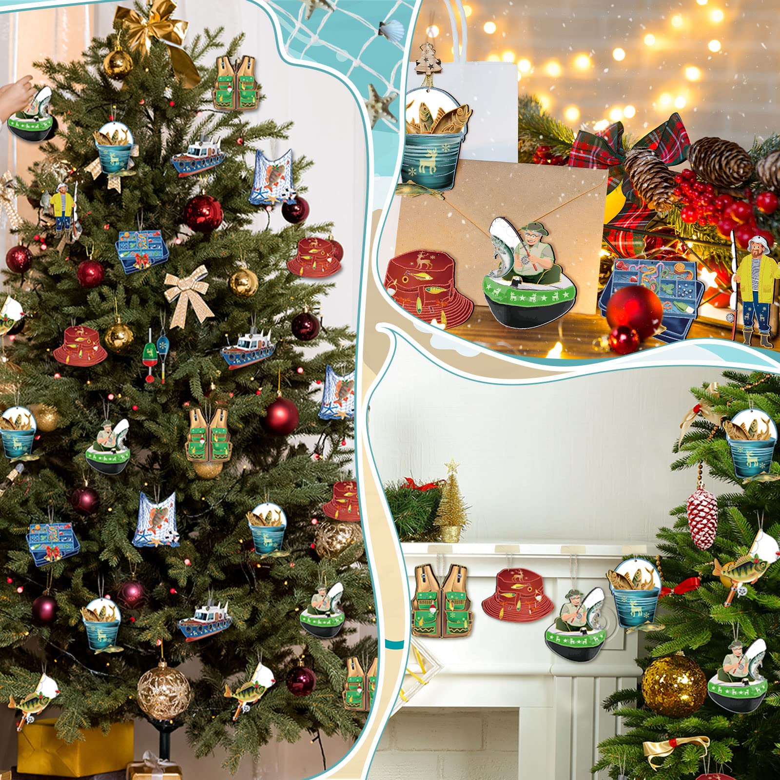 Amyhill 30 Pcs Fisherman Collection Ornaments Fishing Wooden Christmas Tree Ornament Fish Ornaments Fishing Lake Decor for Chris