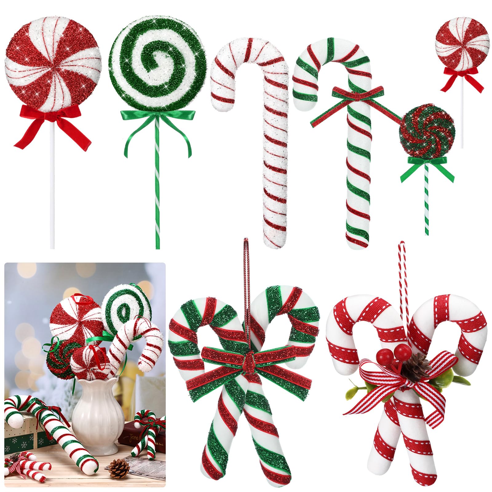 Vercraft 8 Pcs Assorted 16'' Giant Candy Cane Ornaments Red and Green White Large Lollipop Decoration 4 Mixed Sizes Lollipop Chr
