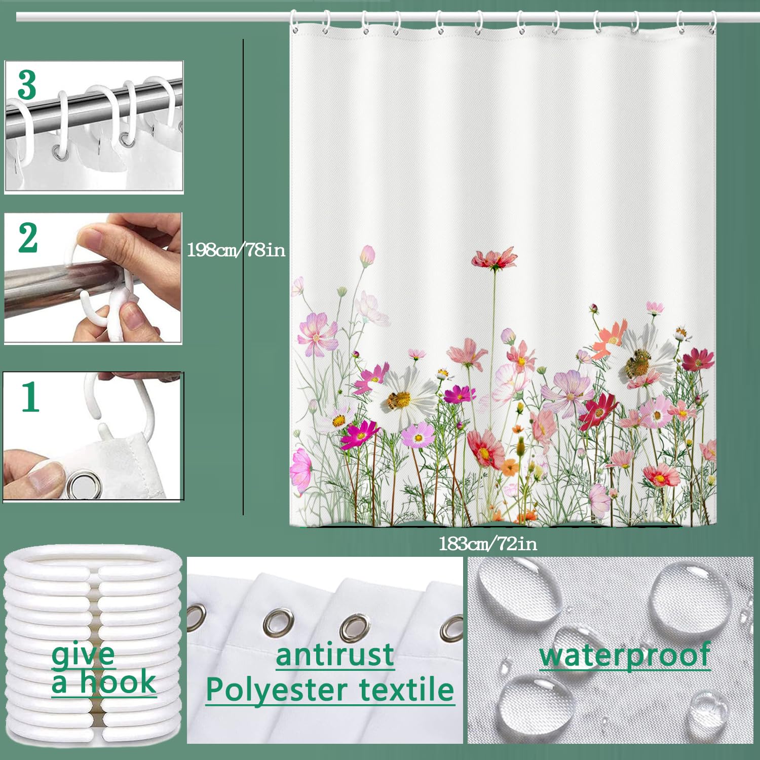 Niidder Floral Shower Curtain, Gesar Flower Shower Curtain -72 ''W X 78'' L, With 12 Hooks, Hem Weighted Bathtub Shower Curtain,