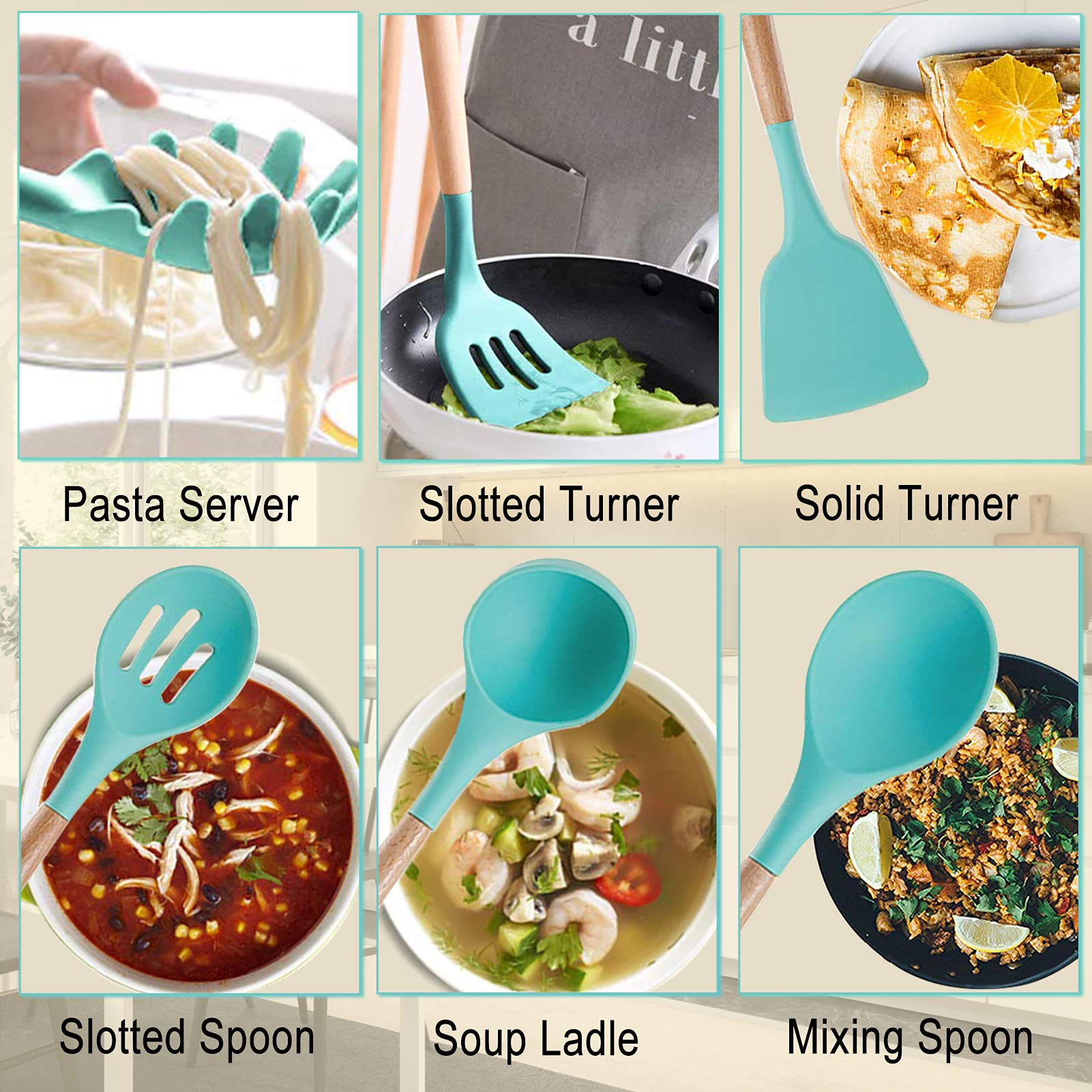 Silicone Kitchen Utensils Set - Heat Resistant Silicon Cooking Utensils, Wooden Handle Kitchen Utensil Set With Holder, Spoon Sp