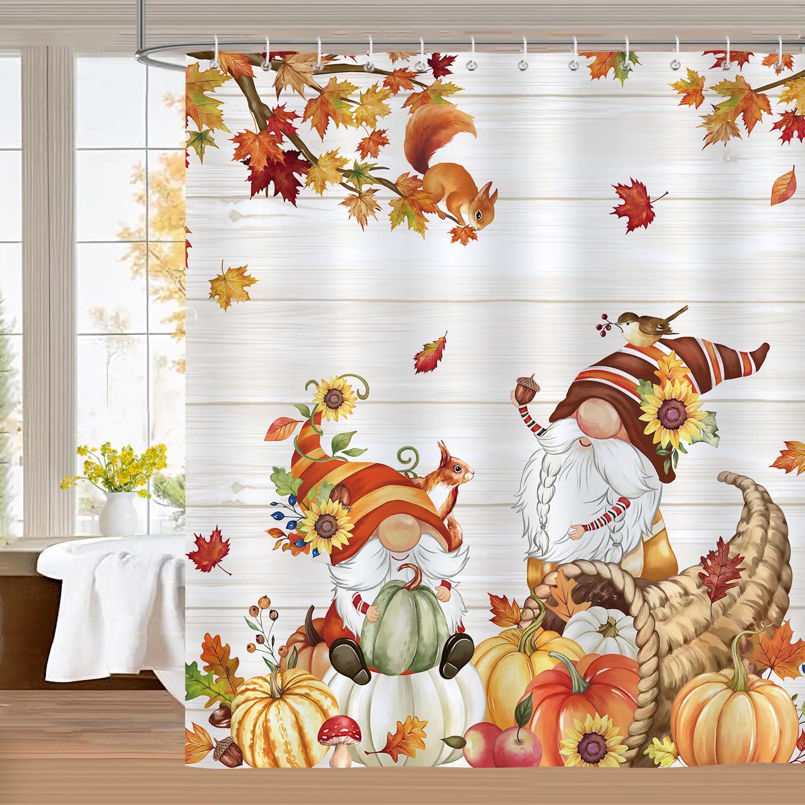 Bonhause Fall Gnome Shower Curtain, Thanksgiving Autumn Pumpkin Maple Leaves Farmhouse Bathroom Curtain 72X72 Inch Polyester Fab