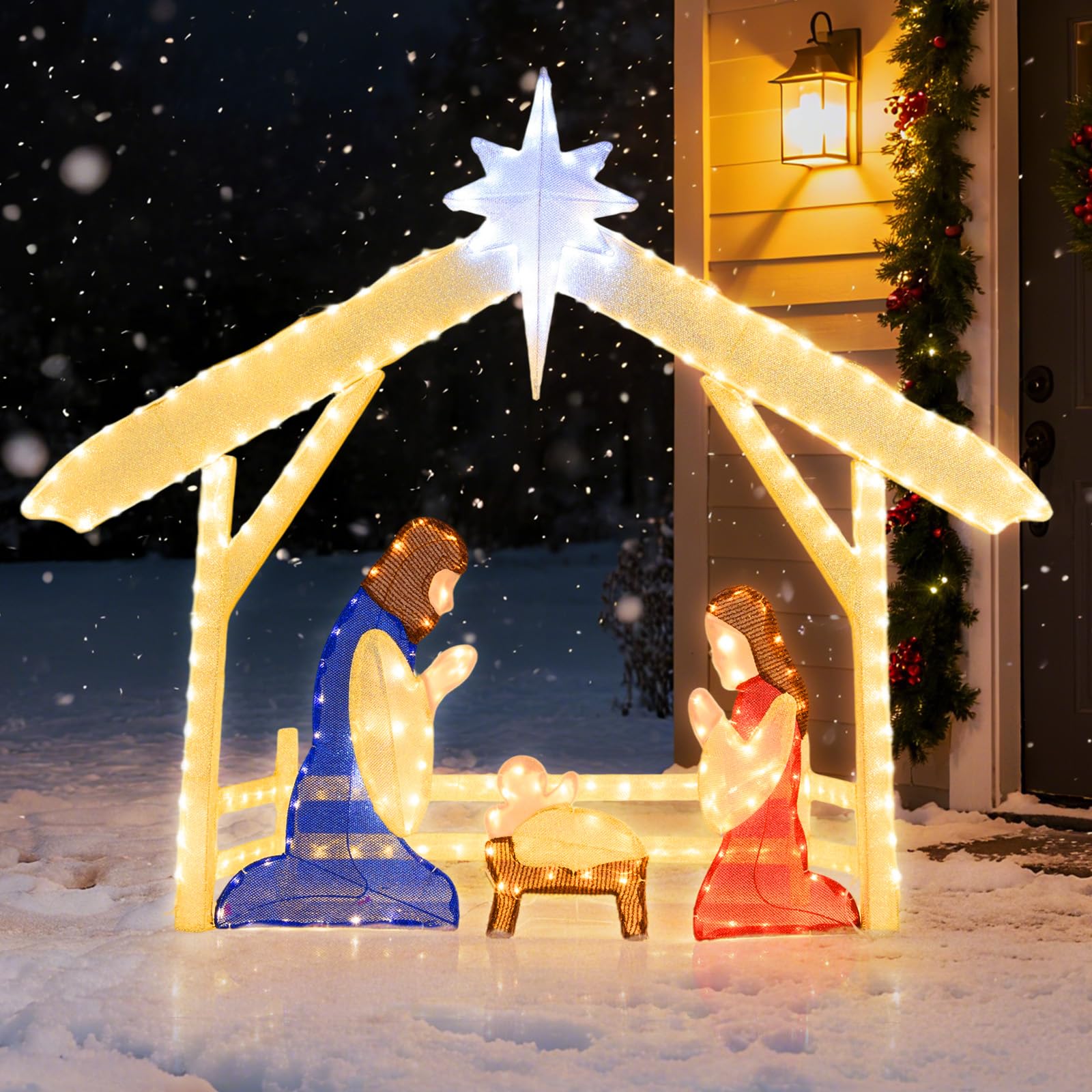 Tangkula 4.7 FT Christmas Lighted Nativity Scene Set, Xmas Pre-lit Holy Family Set with Zip Ties & Ground Stakes, Christmas Holi