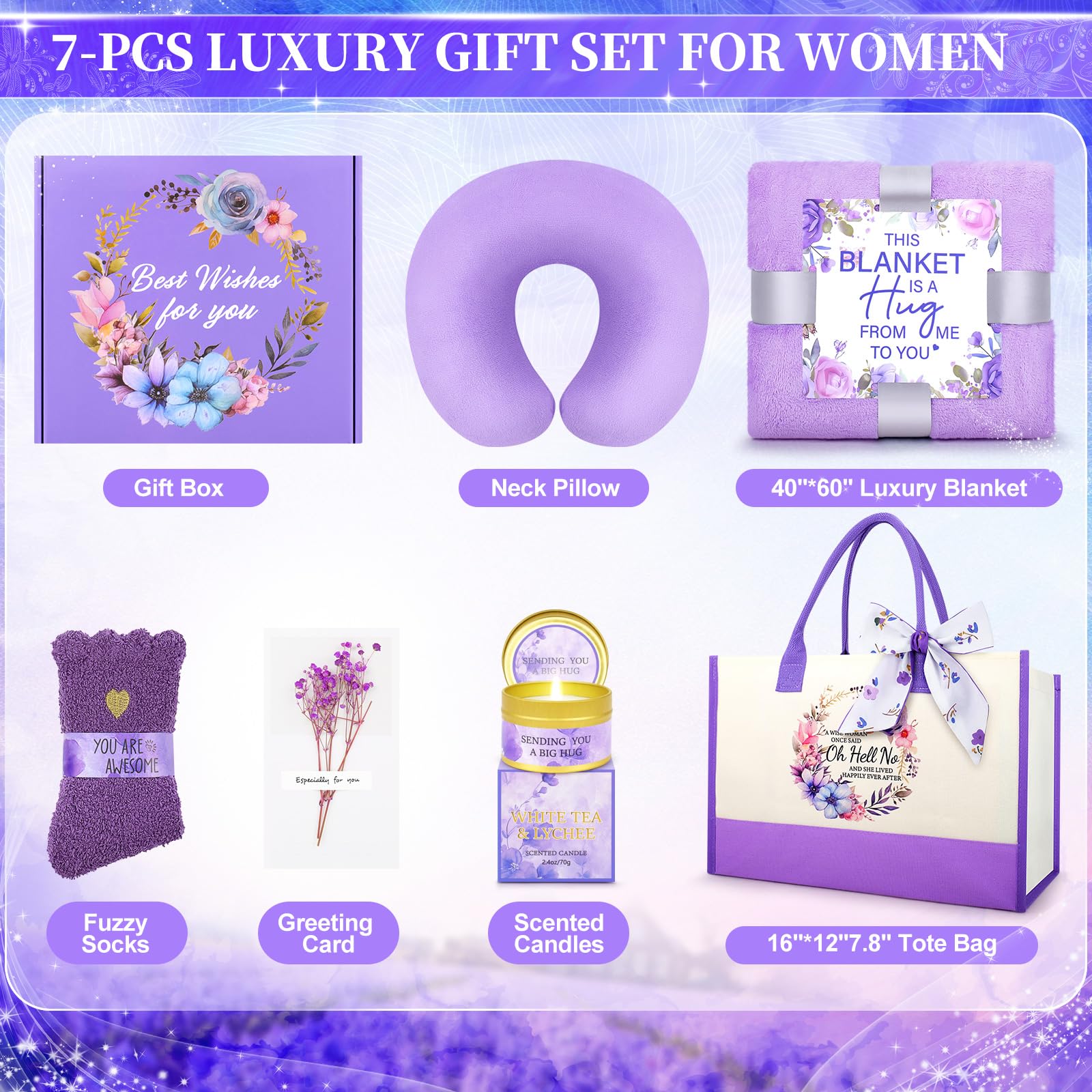 Birthday Gifts for Women -Purple Happy Birthday Gift Basket for Mom, Wife, Girlfriend, Sister, Her, Pillow/Blanket/Tote Bag/Self